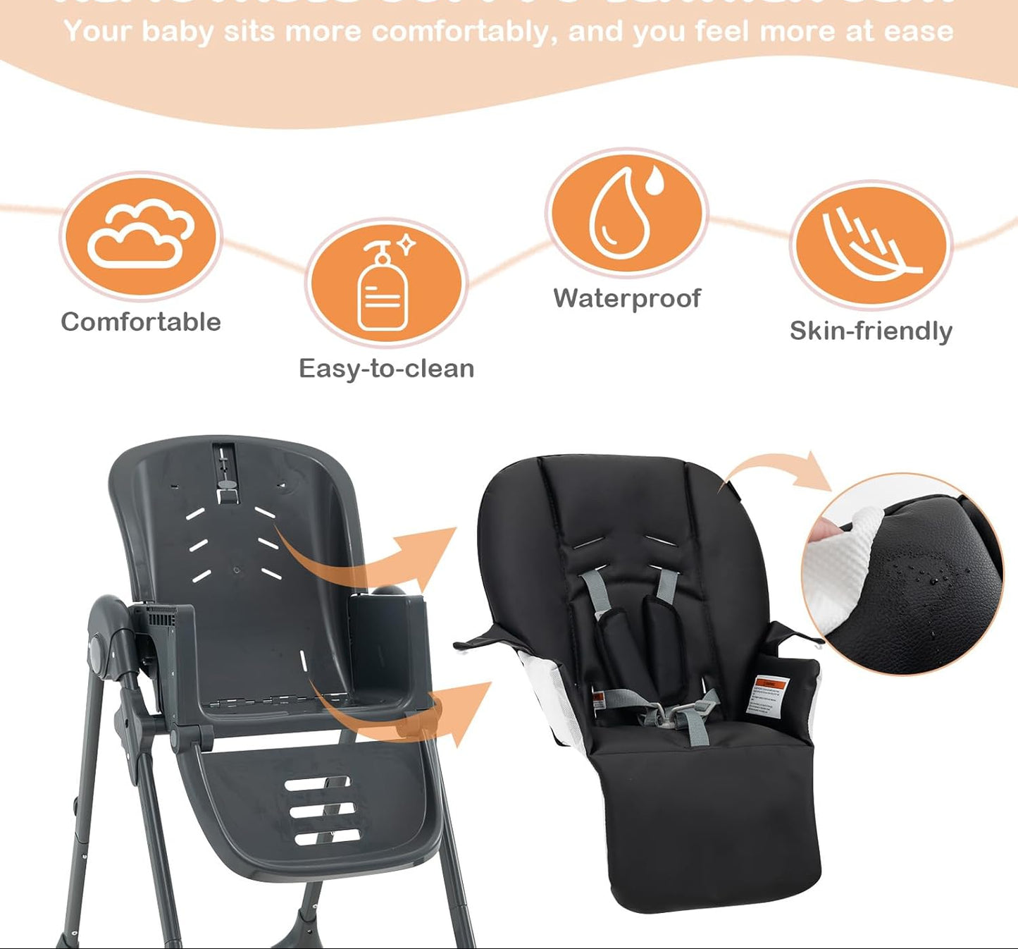 Dluxe Ave. HONEY JOY Baby High Chair Foldable Highchair for Babies and Toddlers Adjustable Heights Recline Backrest & Footrest Detachable Tray & PU Seat Portable Highchairs with Wheels (Black)