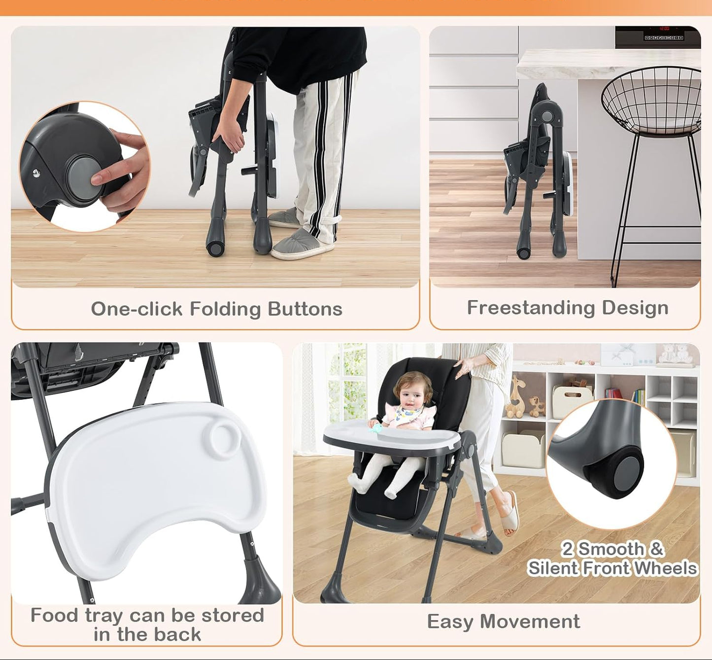 Dluxe Ave. HONEY JOY Baby High Chair Foldable Highchair for Babies and Toddlers Adjustable Heights Recline Backrest & Footrest Detachable Tray & PU Seat Portable Highchairs with Wheels (Black)