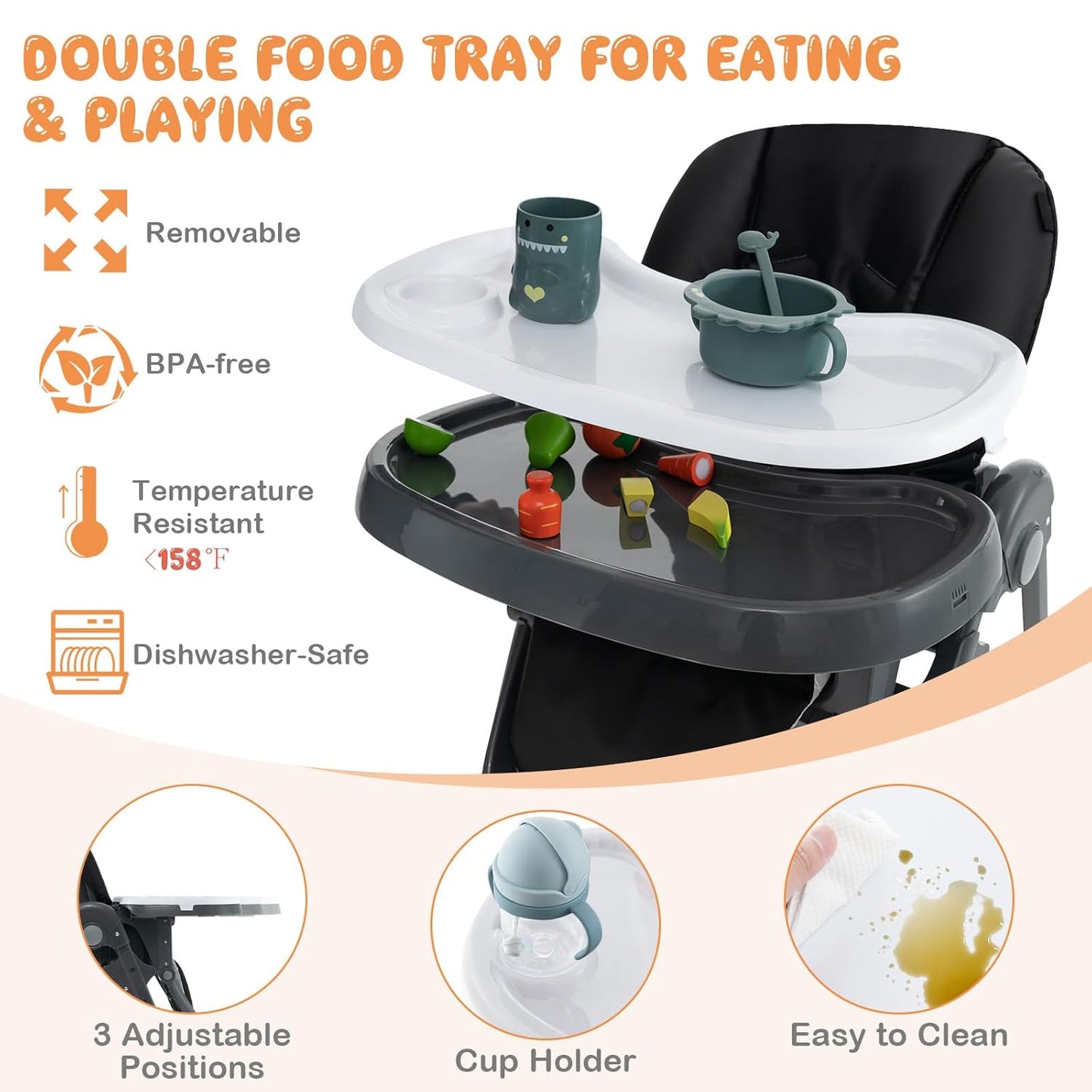 Dluxe Ave. HONEY JOY Baby High Chair Foldable Highchair for Babies and Toddlers Adjustable Heights Recline Backrest & Footrest Detachable Tray & PU Seat Portable Highchairs with Wheels (Black)