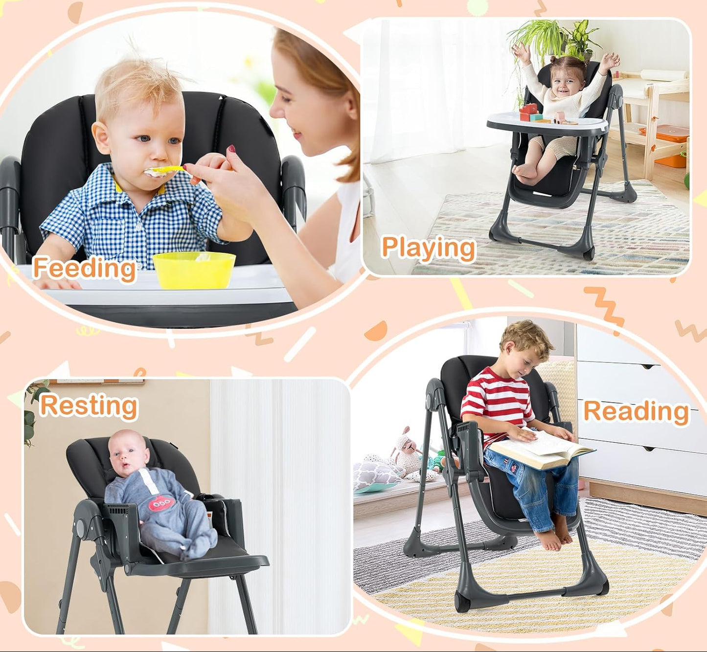 Dluxe Ave. HONEY JOY Baby High Chair Foldable Highchair for Babies and Toddlers Adjustable Heights Recline Backrest & Footrest Detachable Tray & PU Seat Portable Highchairs with Wheels (Black)