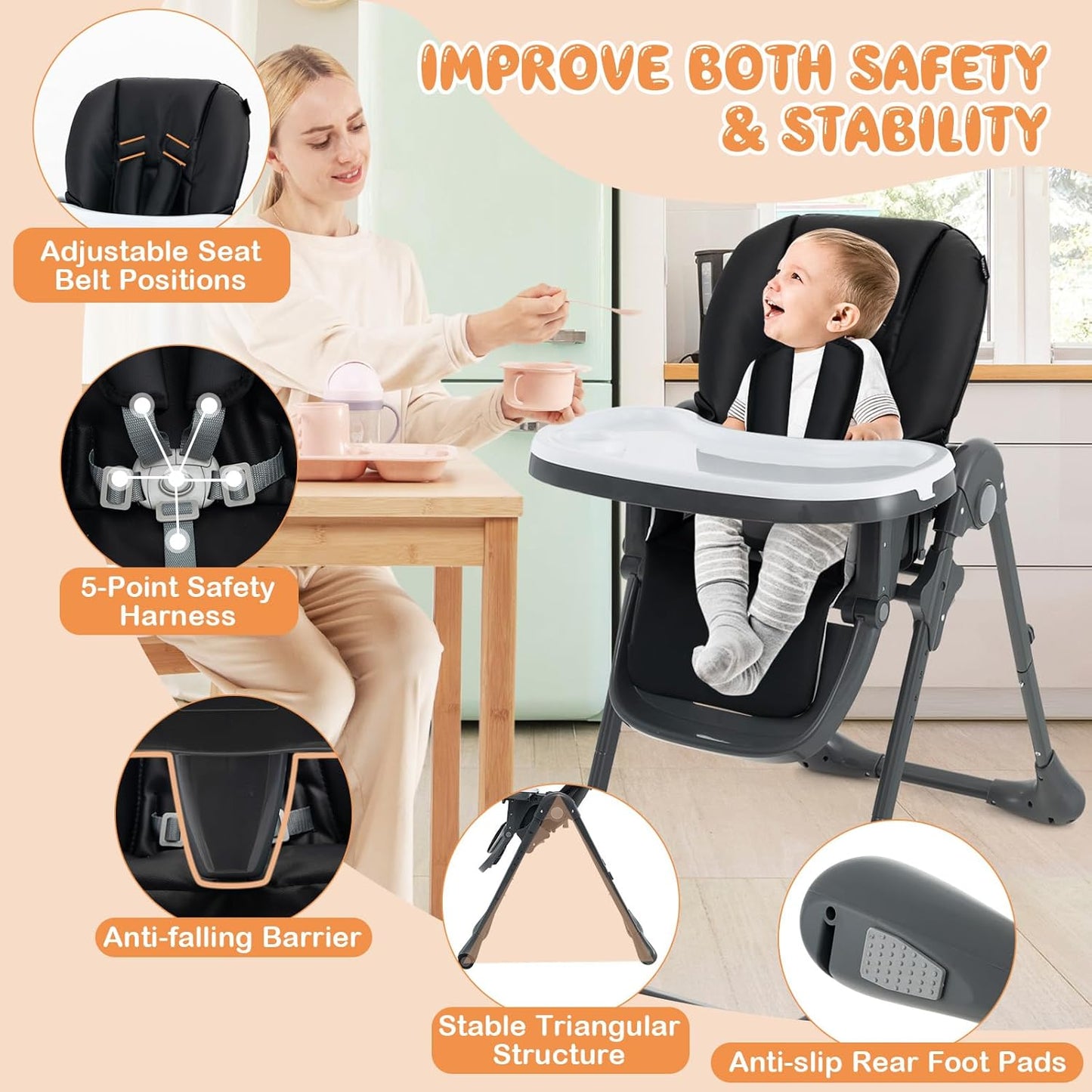 Dluxe Ave. HONEY JOY Baby High Chair Foldable Highchair for Babies and Toddlers Adjustable Heights Recline Backrest & Footrest Detachable Tray & PU Seat Portable Highchairs with Wheels (Black)