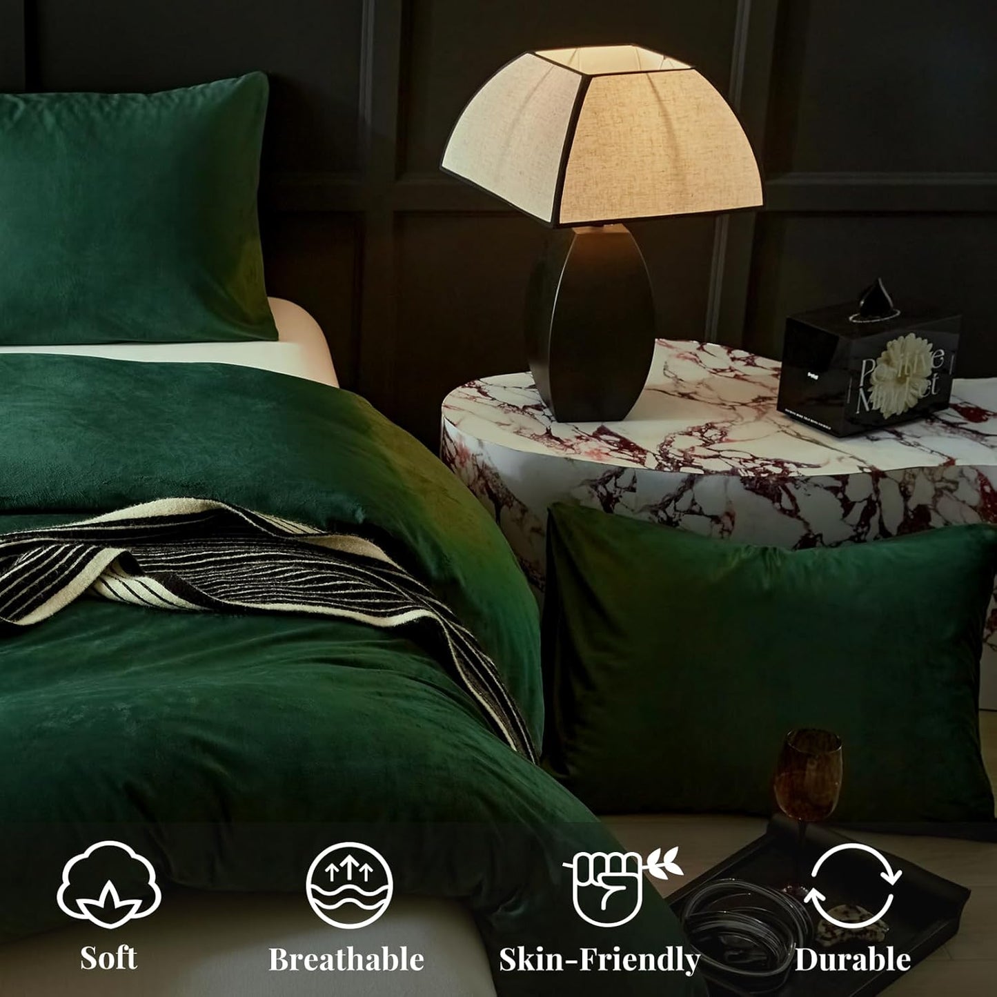 Dluxe Ave. ( QUEEN ) 3 Pcs Emerald Green Velvet {Duvet Cover} Bedding, Ultra Soft Luxury Textured, Modern Crystal Velvet