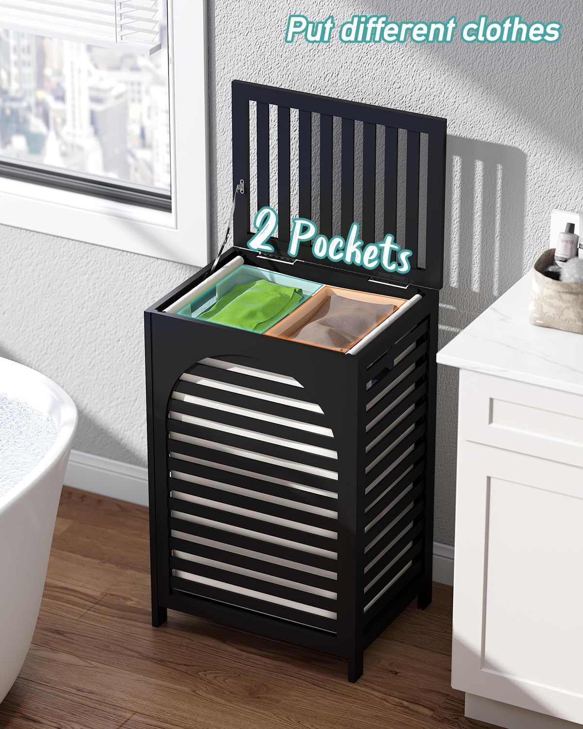 Dluxe Ave. Black Laundry Hamper Laundry Hamper with Lid 22.5 Gallon (85L) Bamboo Wood Clothes Laundry Basket with Lid and Handles Removable Liner