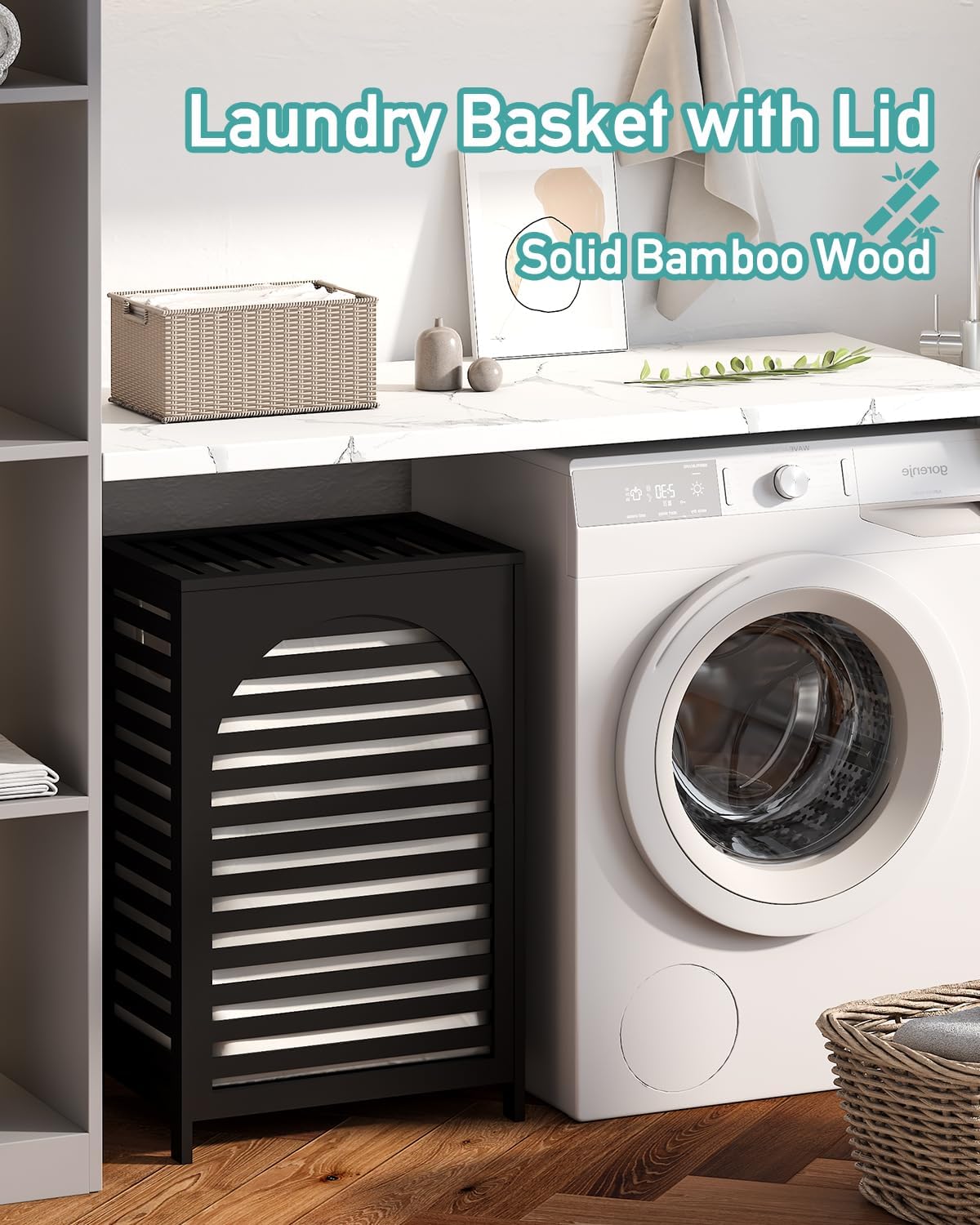 Dluxe Ave. Black Laundry Hamper Laundry Hamper with Lid 22.5 Gallon (85L) Bamboo Wood Clothes Laundry Basket with Lid and Handles Removable Liner
