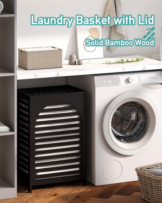 Dluxe Ave. Black Laundry Hamper Laundry Hamper with Lid 22.5 Gallon (85L) Bamboo Wood Clothes Laundry Basket with Lid and Handles Removable Liner