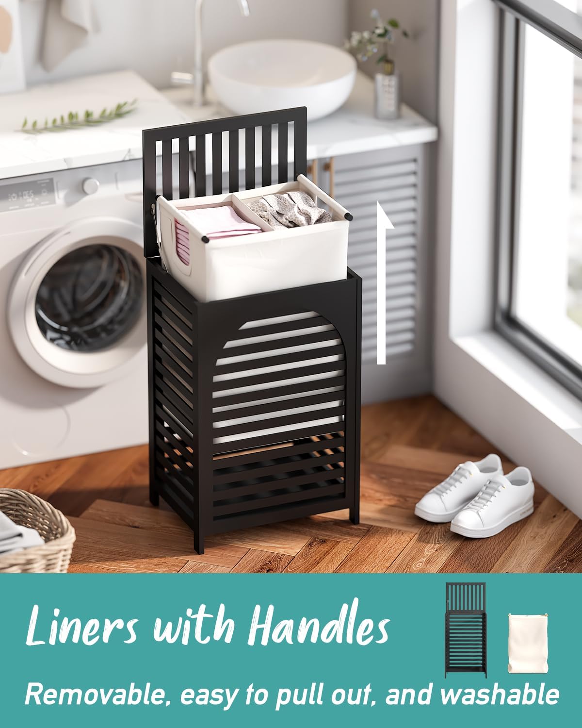 Dluxe Ave. Black Laundry Hamper Laundry Hamper with Lid 22.5 Gallon (85L) Bamboo Wood Clothes Laundry Basket with Lid and Handles Removable Liner