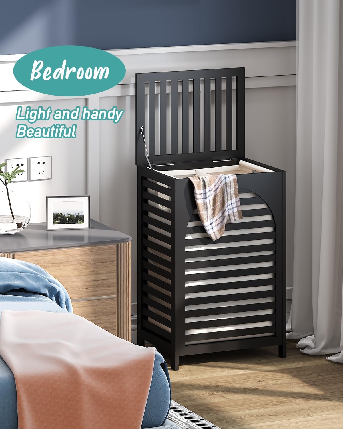 Dluxe Ave. Black Laundry Hamper Laundry Hamper with Lid 22.5 Gallon (85L) Bamboo Wood Clothes Laundry Basket with Lid and Handles Removable Liner