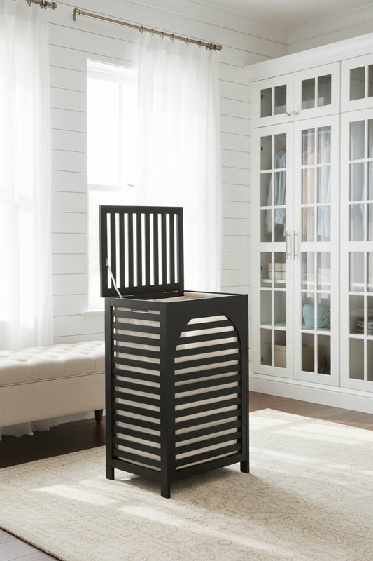 Dluxe Ave. Black Laundry Hamper with Lid/ 22.5 Gallon (85L) Bamboo Wood Handles Removable Liner