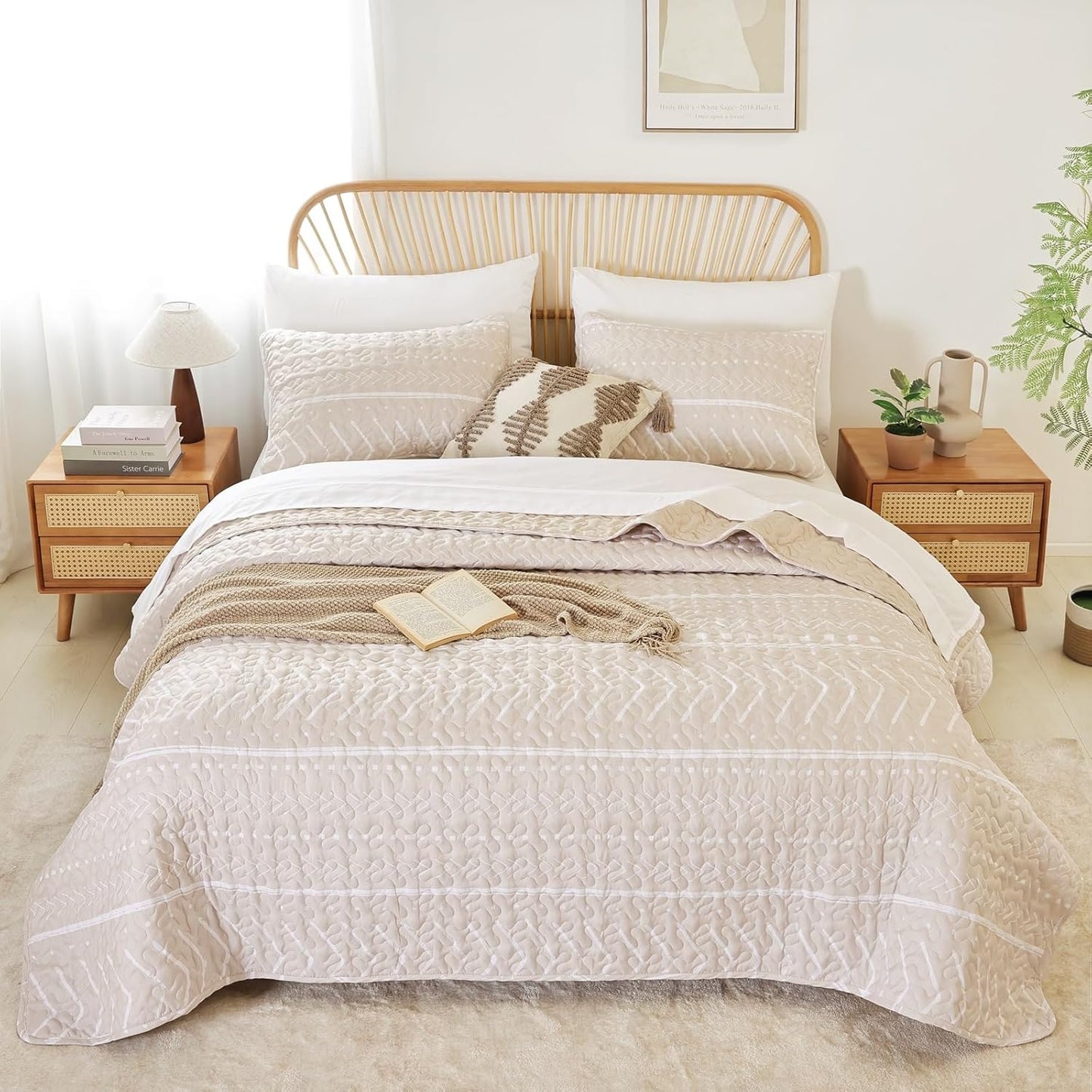 Dluxe Ave. ( QUEEN ) 3 Pcs Rice White Bedspreads, Boho Bedding Bedspreads, Soft Quilt, Lightweight/ Beige