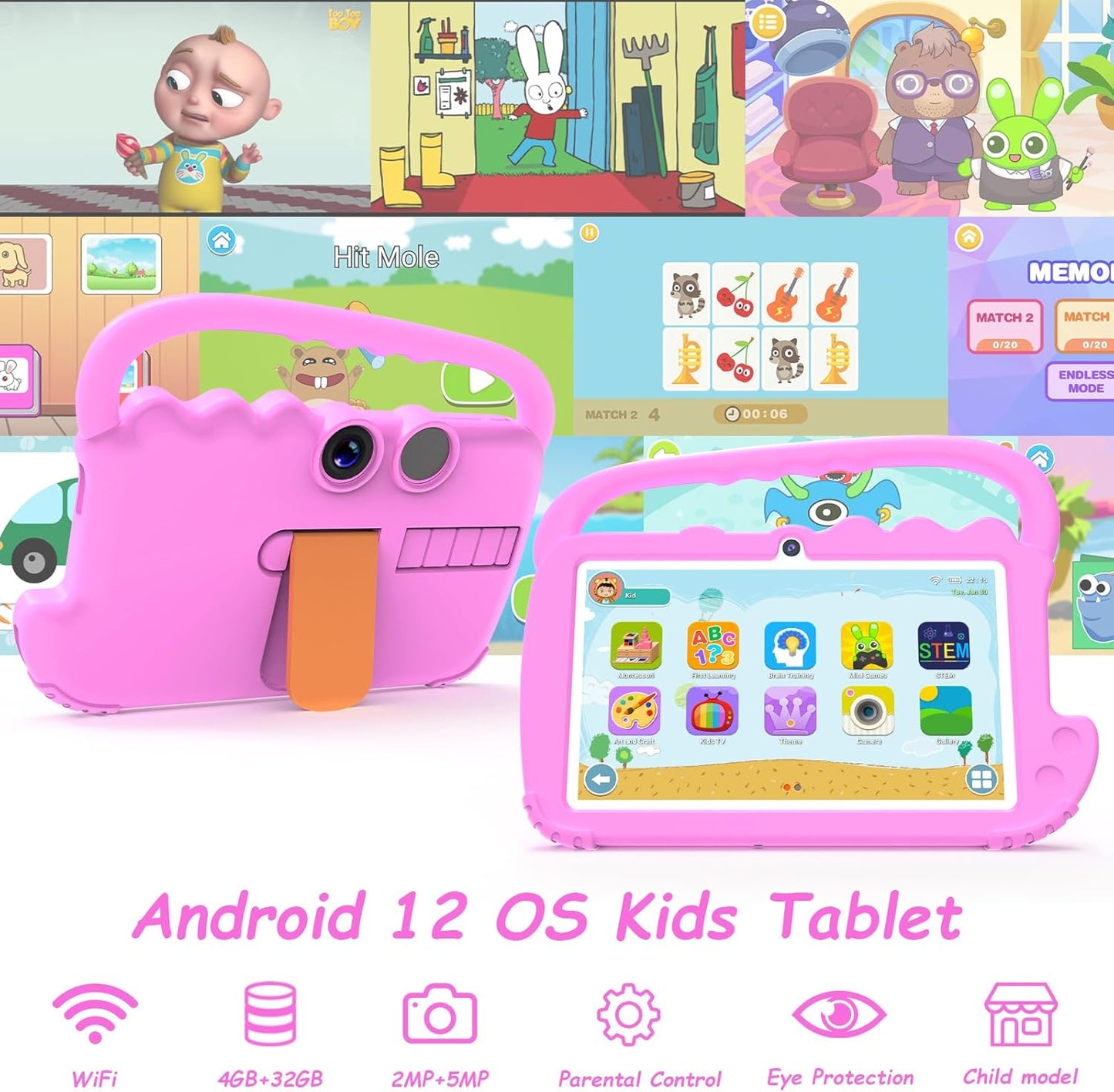 Dluxe Ave. Kids Tablet 7 inch for Girls Boy Android 12 Tablets for Kids 4GB RAM 32GB ROM Toddler Tablet WIFI Bluetooth Safety Eye IPS Screen Parental Control Dual Camera Shockproof Case for Educational Games