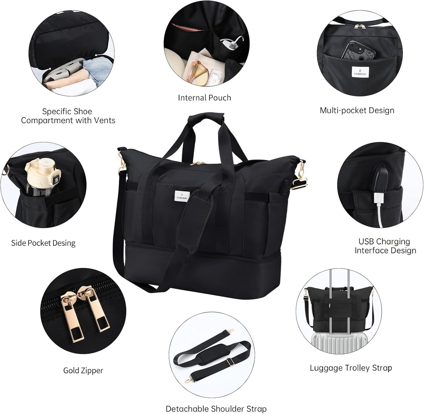 Dluxe Ave.Travel Duffel Bags with Shoe Compartment and USB Charging Port Carry on/  Black