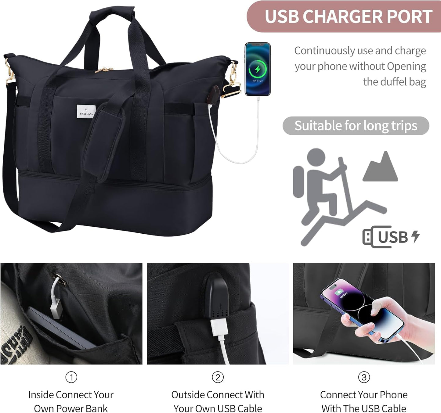 Dluxe Ave.Travel Duffel Bags with Shoe Compartment and USB Charging Port Carry on/  Black