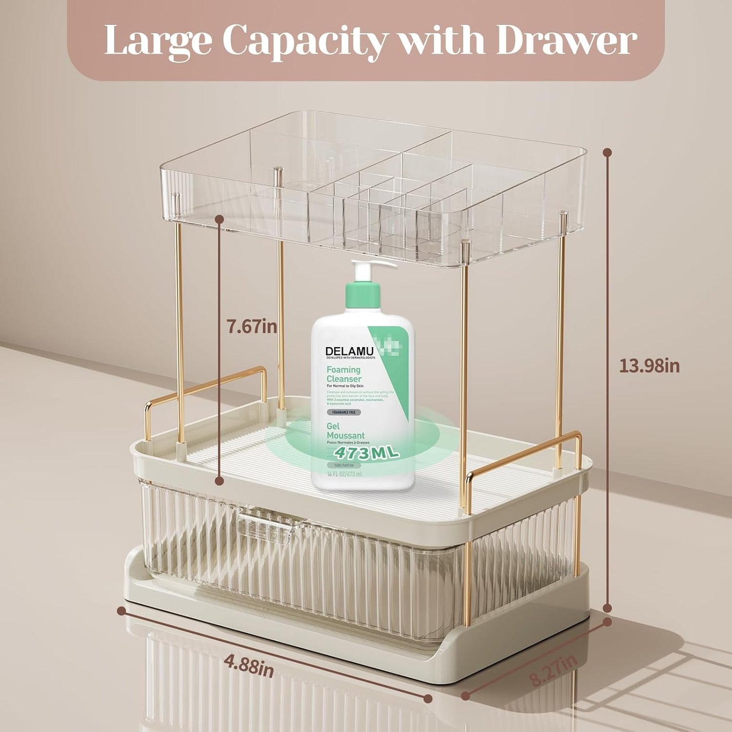 Dluxe Ave. Delamu 2-Tier Bathroom Counter Organizer with Drawer Multi-purpose Makeup Organizer Countertop for Vanity Large Bathroom Countertop Skincare Organizer Clear