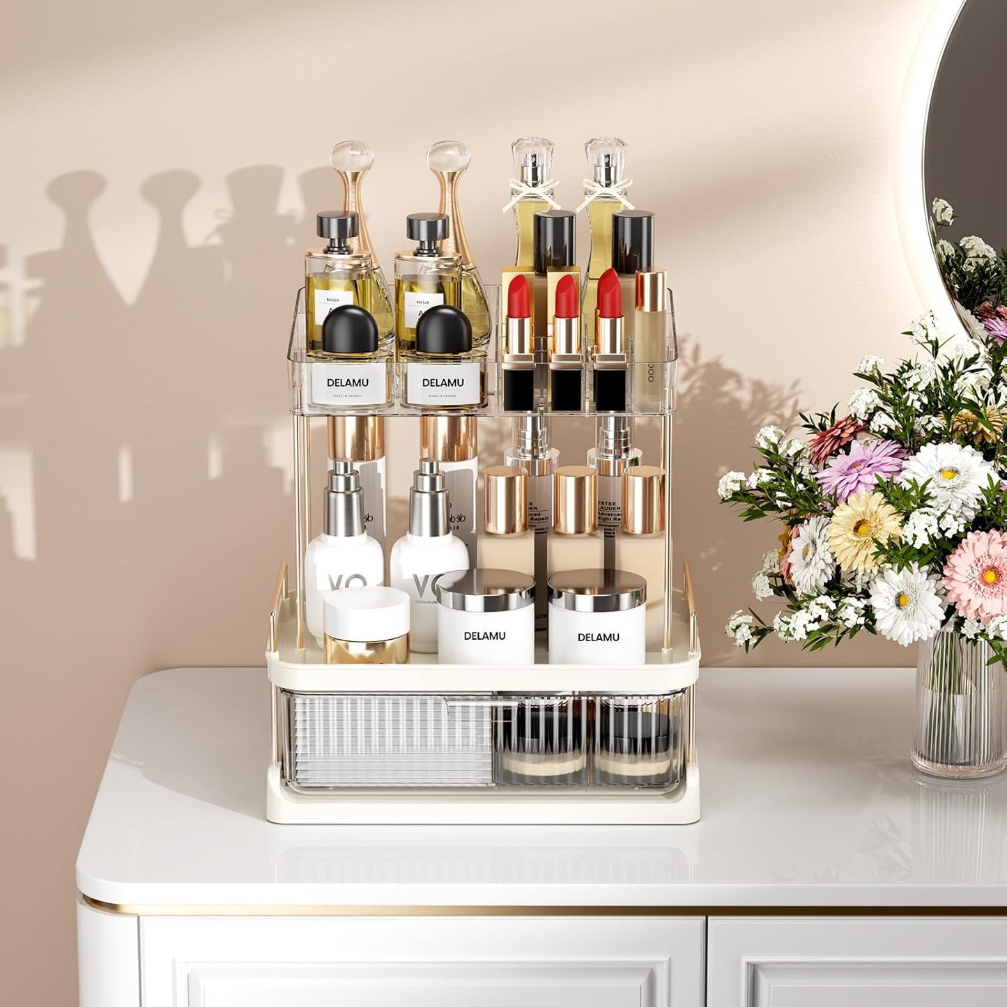 Dluxe Ave. Delamu 2-Tier Bathroom Counter Organizer with Drawer Multi-purpose Makeup Organizer Countertop for Vanity Large Bathroom Countertop Skincare Organizer Clear