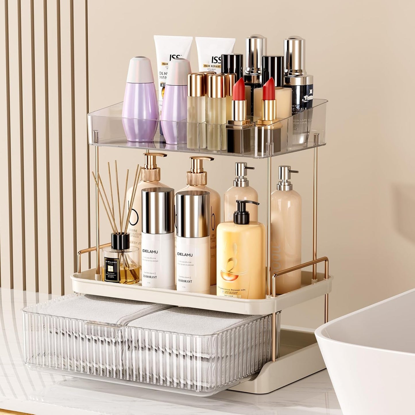 Dluxe Ave. Delamu 2-Tier Bathroom Counter Organizer with Drawer Multi-purpose Makeup Organizer Countertop for Vanity Large Bathroom Countertop Skincare Organizer Clear