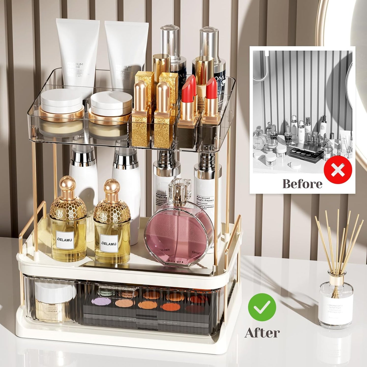 Dluxe Ave. Delamu 2-Tier Bathroom Counter Organizer with Drawer Multi-purpose Makeup Organizer Countertop for Vanity Large Bathroom Countertop Skincare Organizer Clear