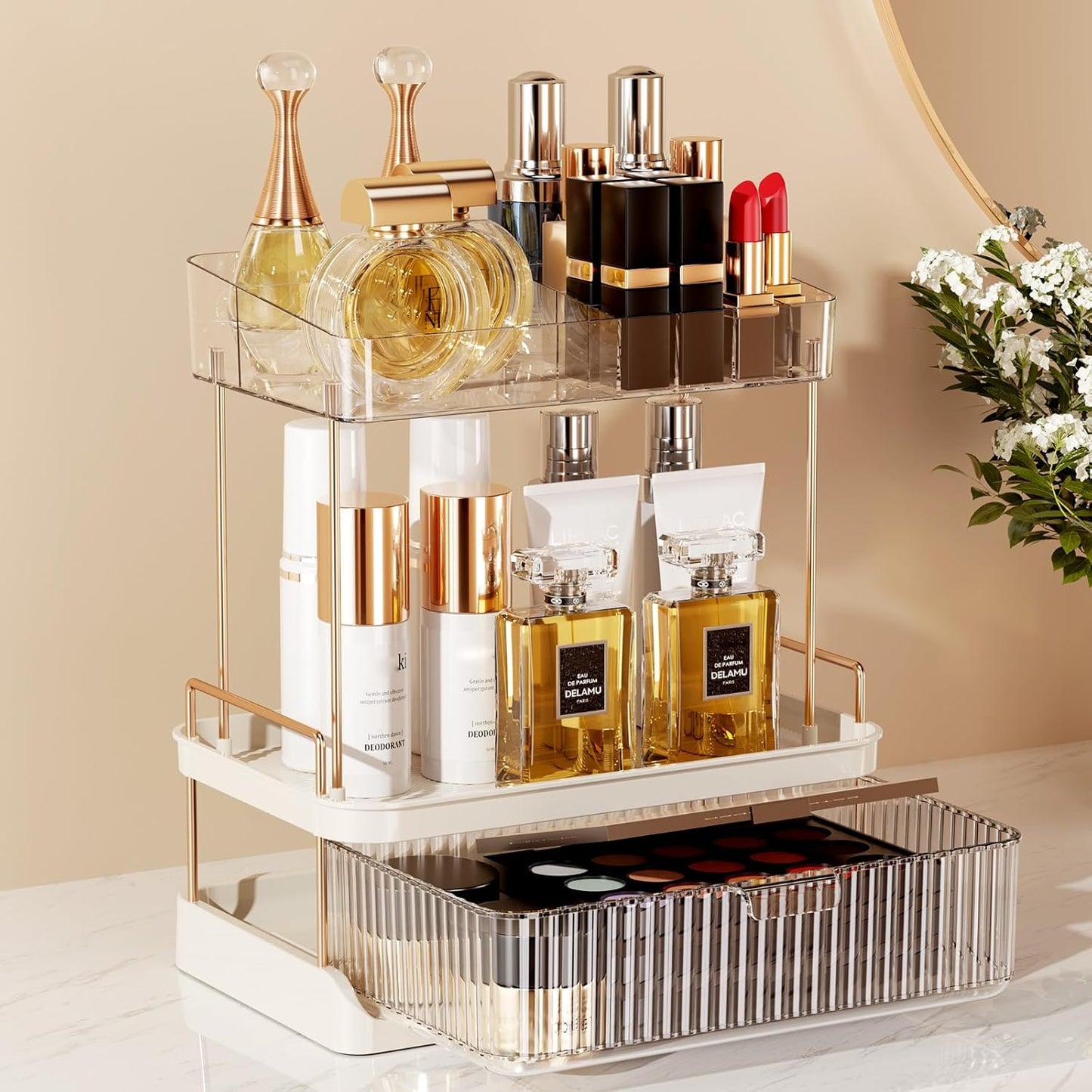 Dluxe Ave. Delamu 2-Tier Bathroom Counter Organizer with Drawer Multi-purpose Makeup Organizer Countertop for Vanity Large Bathroom Countertop Skincare Organizer Clear