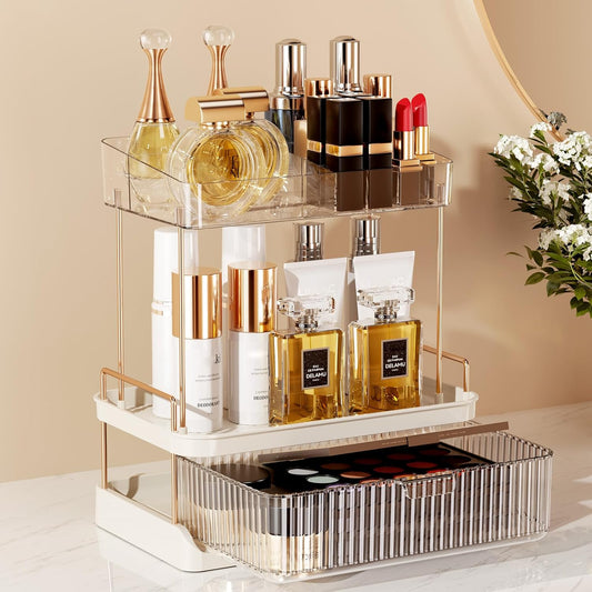 Dluxe Ave. Delamu 2-Tier Bathroom Counter Organizer with Drawer Multi-purpose Makeup Organizer Countertop for Vanity Large Bathroom Countertop Skincare Organizer Clear