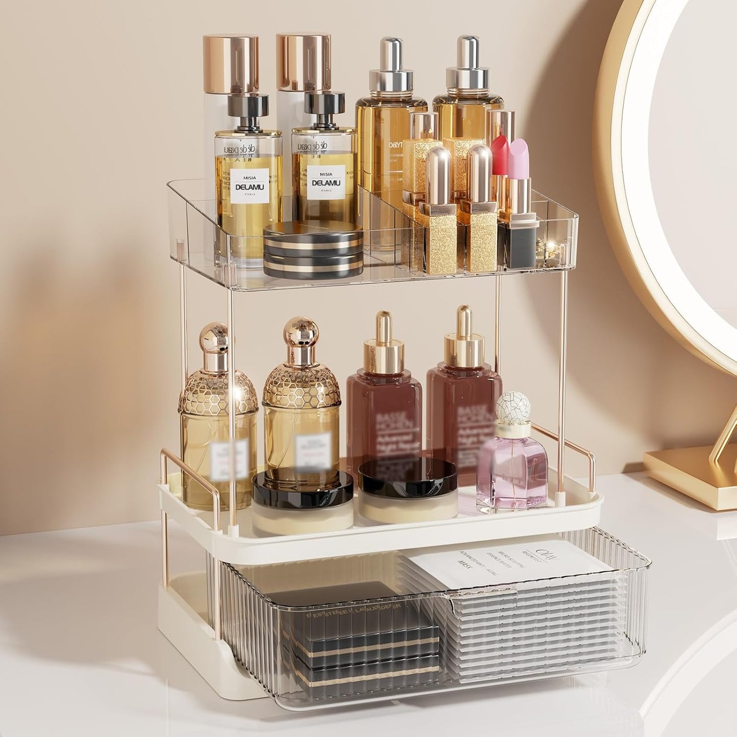 Dluxe Ave. Delamu 2-Tier Bathroom Counter Organizer with Drawer Multi-purpose Makeup Organizer Countertop for Vanity Large Bathroom Countertop Skincare Organizer Clear