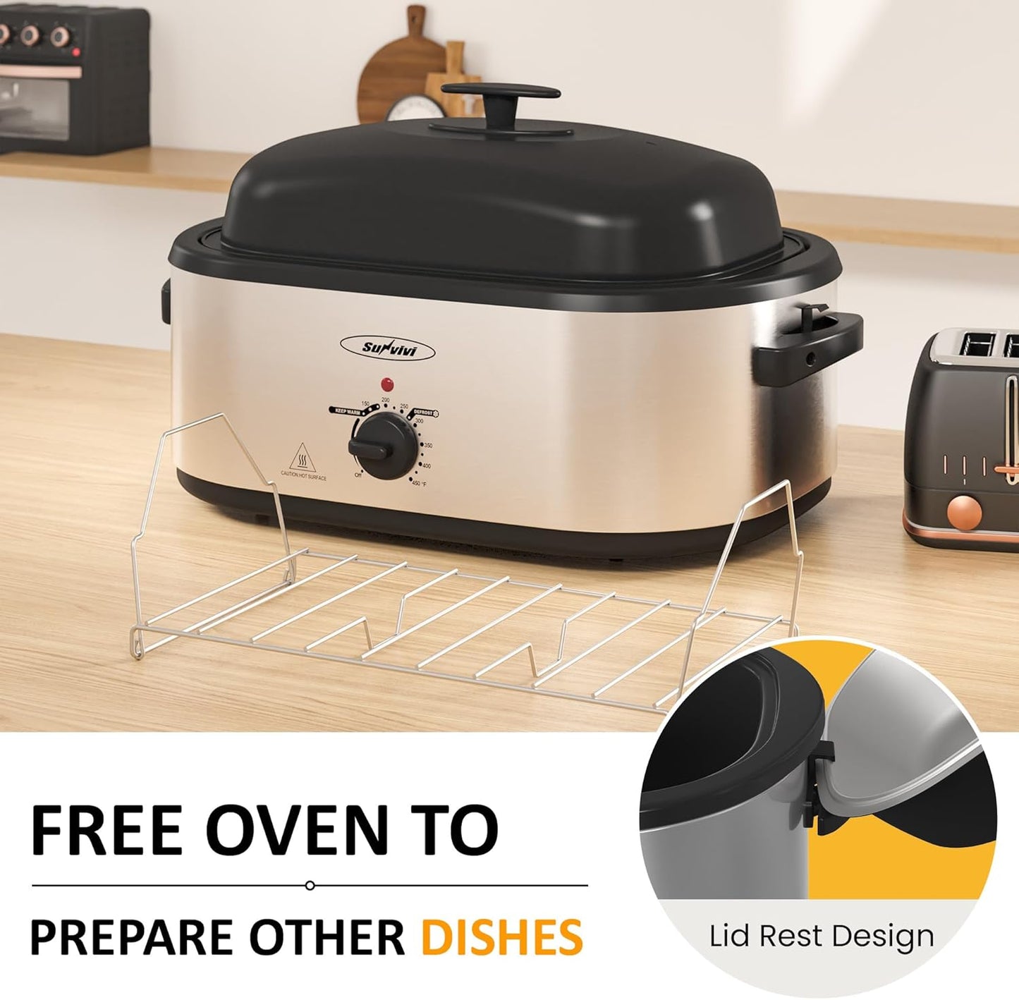 Dluxe Ave. 24QT Electric Roaster Oven / Removable 3-bin Buffet Server (Stainless Steel Silver)