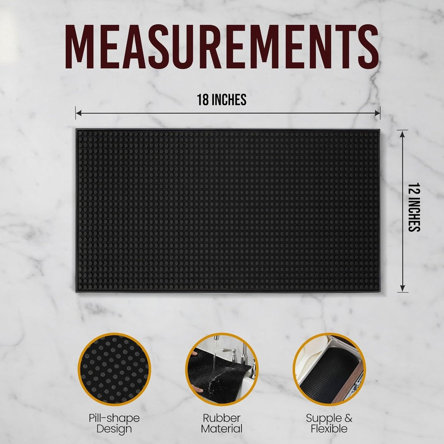 Dluxe Ave. Black Rubber Bar Mat Set of 1 (18x12 Inches) | Drying Durable and Stylish Spill Mats for Bars Restaurants Coffee Shops Bar Mats for Countertop and Table Top Non-Slip & Non-Toxic Mats