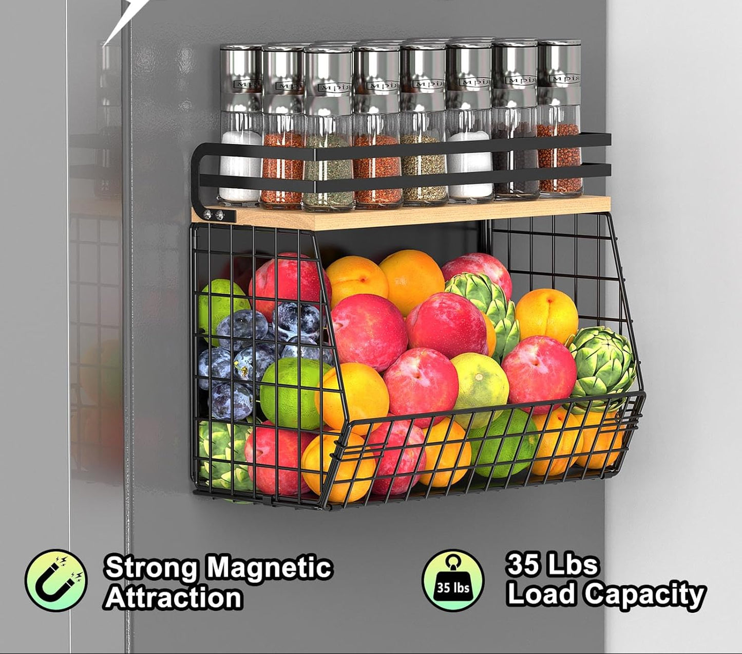 Dluxe Ave. Magnetic Shelf for Fridge with Wood Lid /Spice Rack for Refrigerator