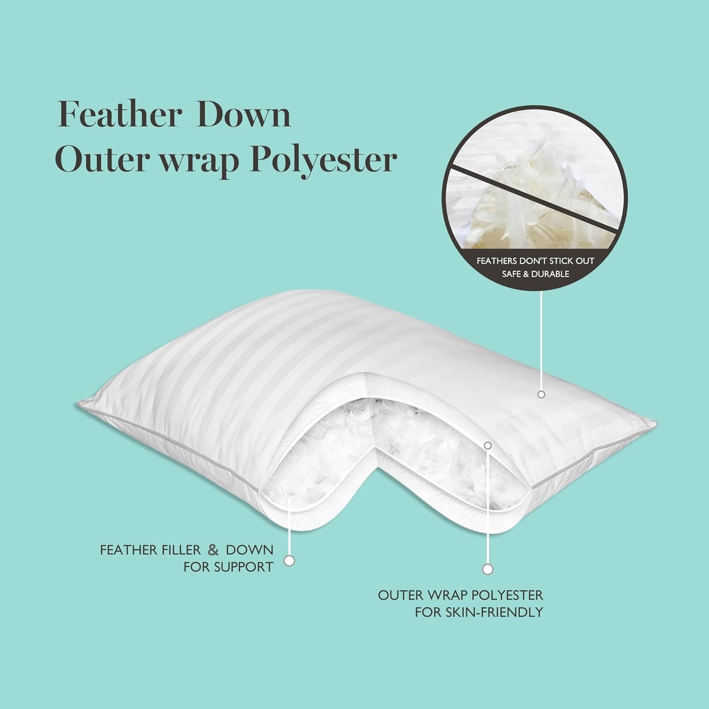 Dluxe Ave. ( KING ) MARTHA STEWART Hotel Collection Feather Down Pillows, Set of 2, { MED./ SOFT } 100% Cotton 500 Thread Count,  White