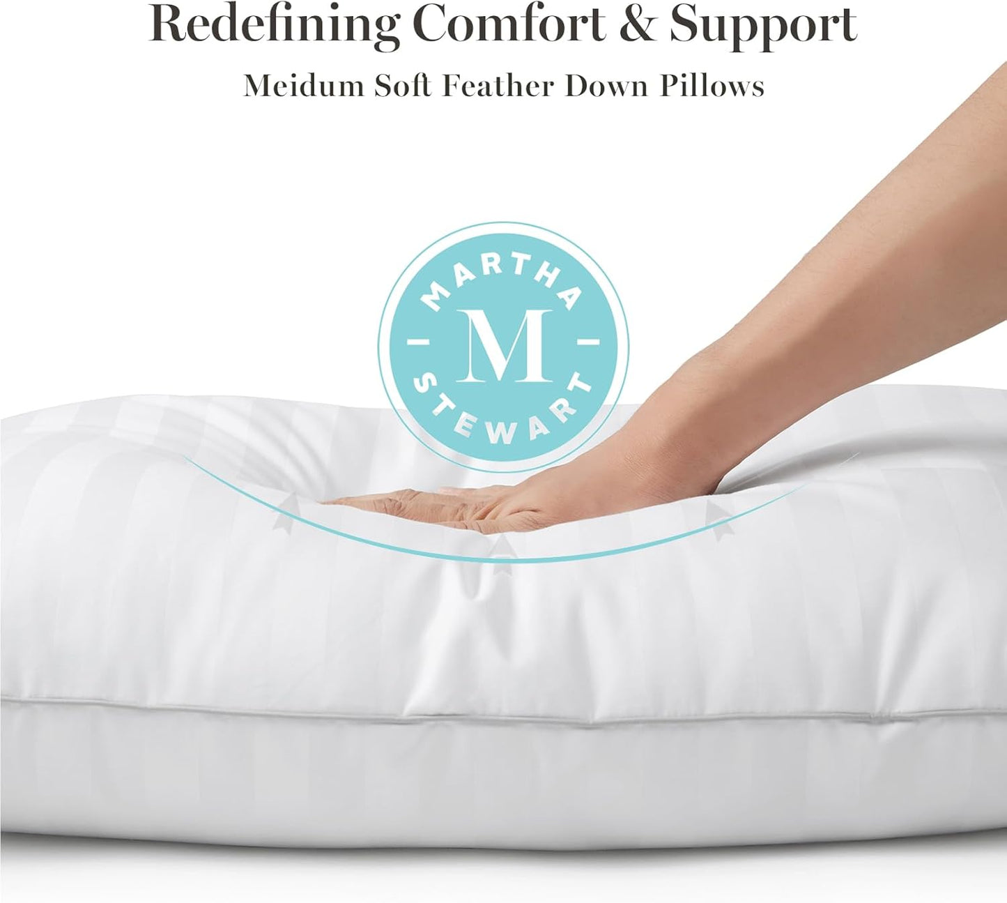 Dluxe Ave. ( KING ) MARTHA STEWART Hotel Collection Feather Down Pillows, Set of 2, { MED./ SOFT } 100% Cotton 500 Thread Count,  White