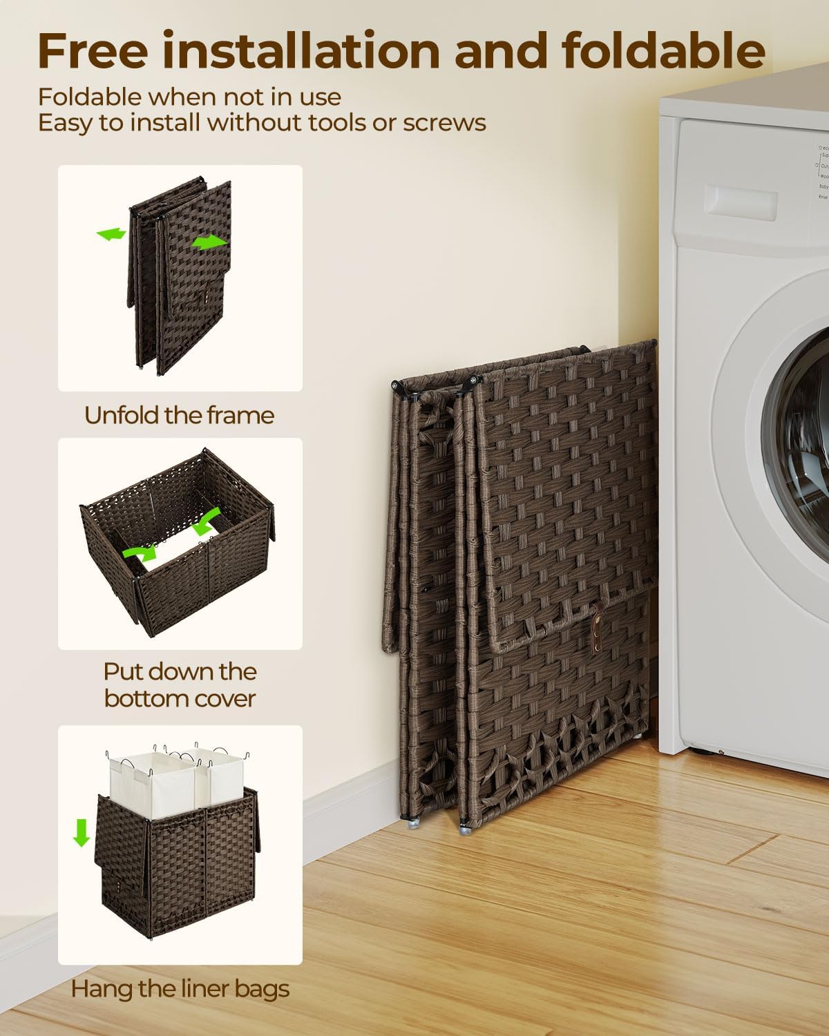 Dluxe Ave. Greenstell Laundry Hamper with Lid and 2 & 1 Removable Liner Bags  Brown