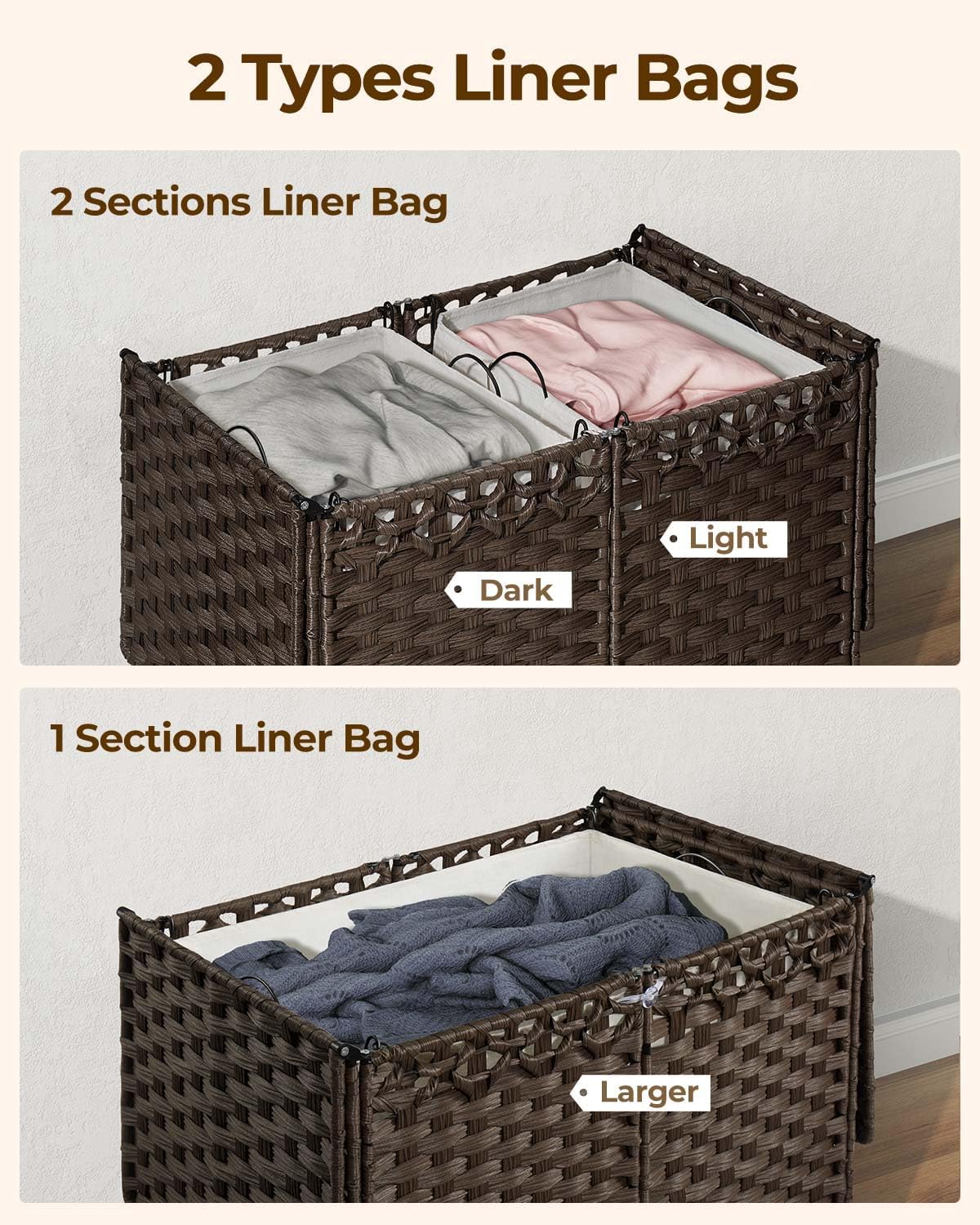 Dluxe Ave. Greenstell Laundry Hamper with Lid and 2 & 1 Removable Liner Bags  Brown