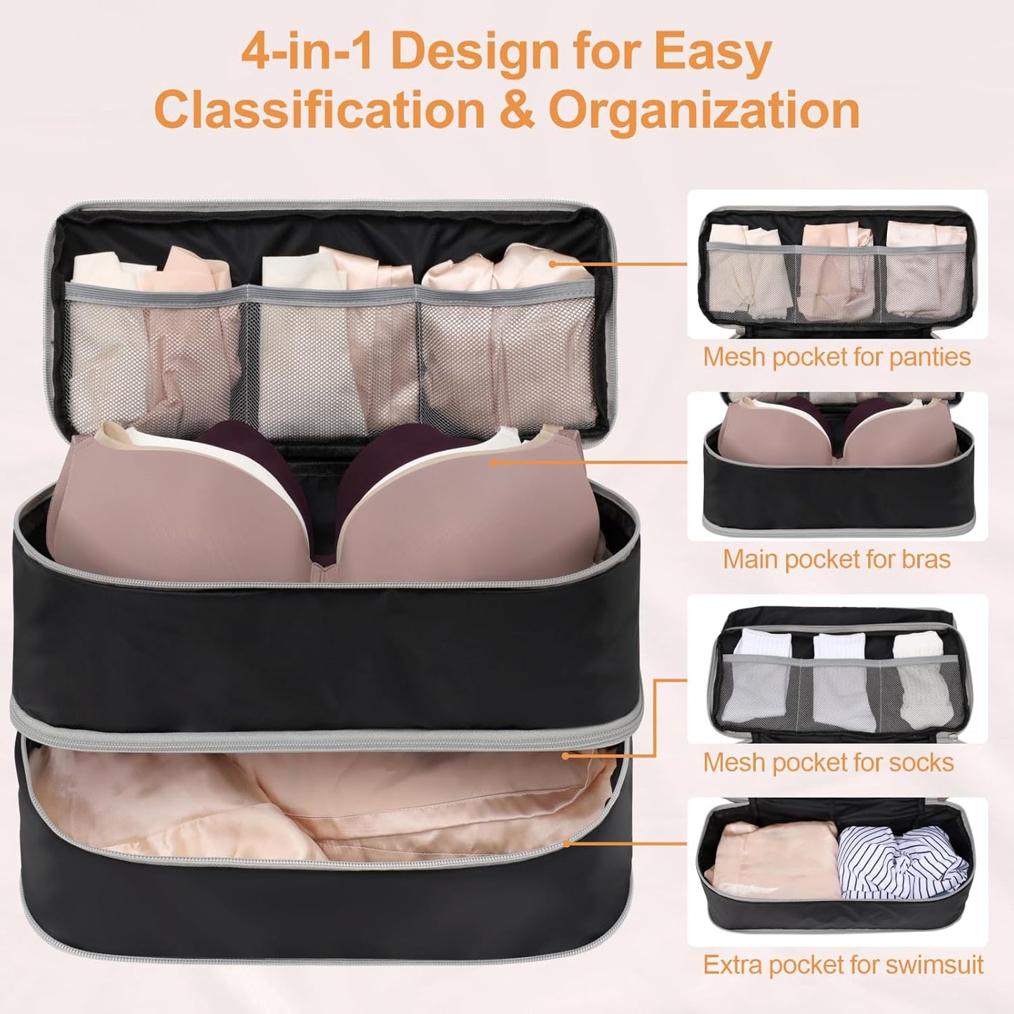 Dluxe Ave. 4-in-1 Lightweight Double Layer Bra Travel Bag Organizer/ Black