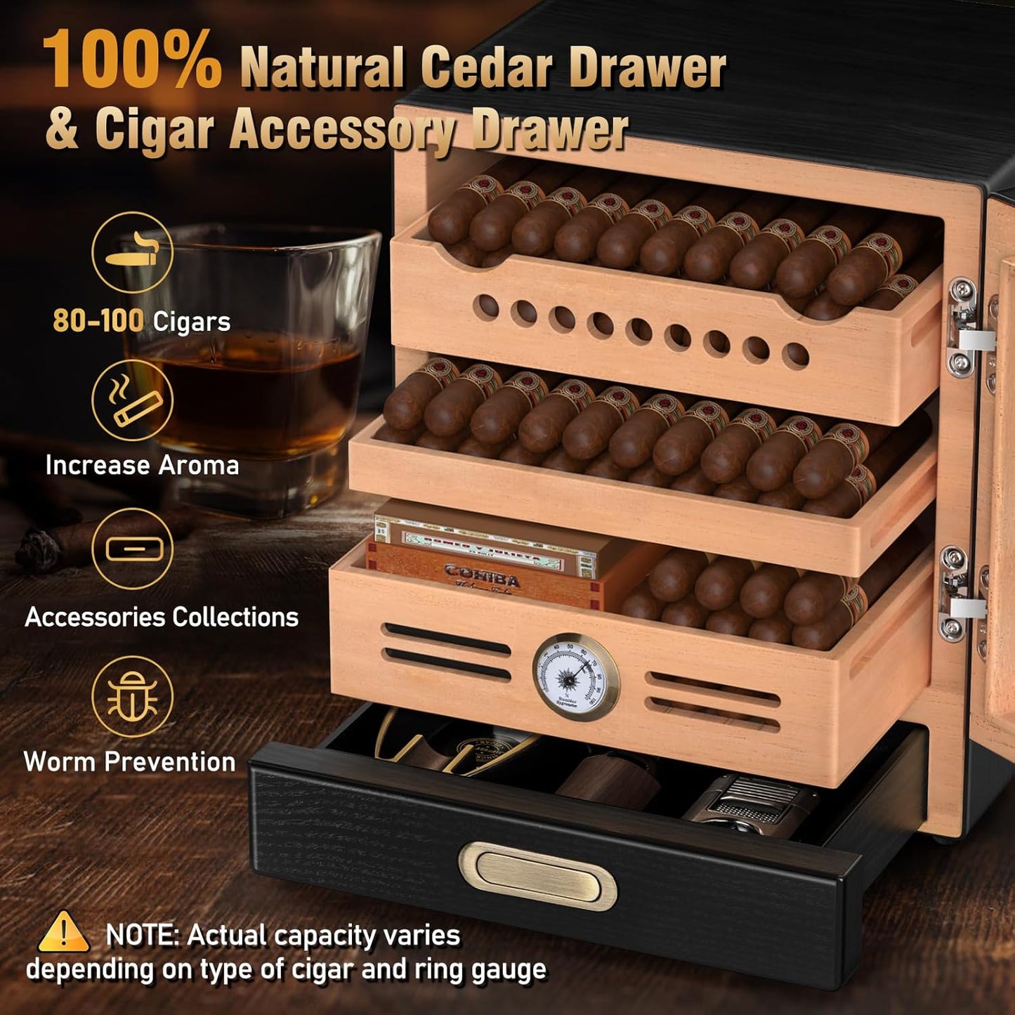 Dluxe Ave. Cigar Humidor Cabinet/ /Humidor with Spanish Cedar Wood/ Drawer