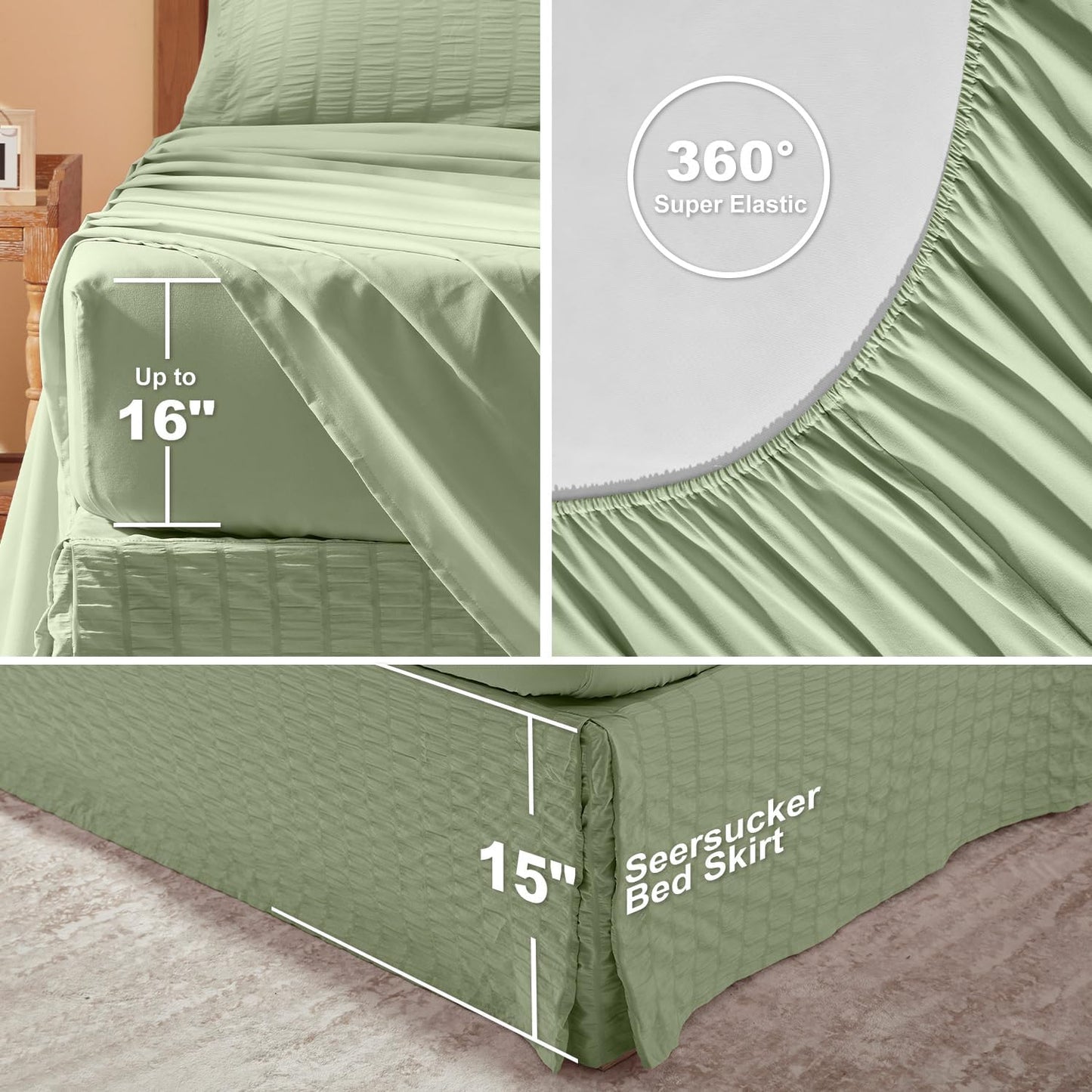 Dluxe Ave. ( QUEEN ) 8 PcsComforter Set/ Seersucker Bed in a Bag/ Sage Green