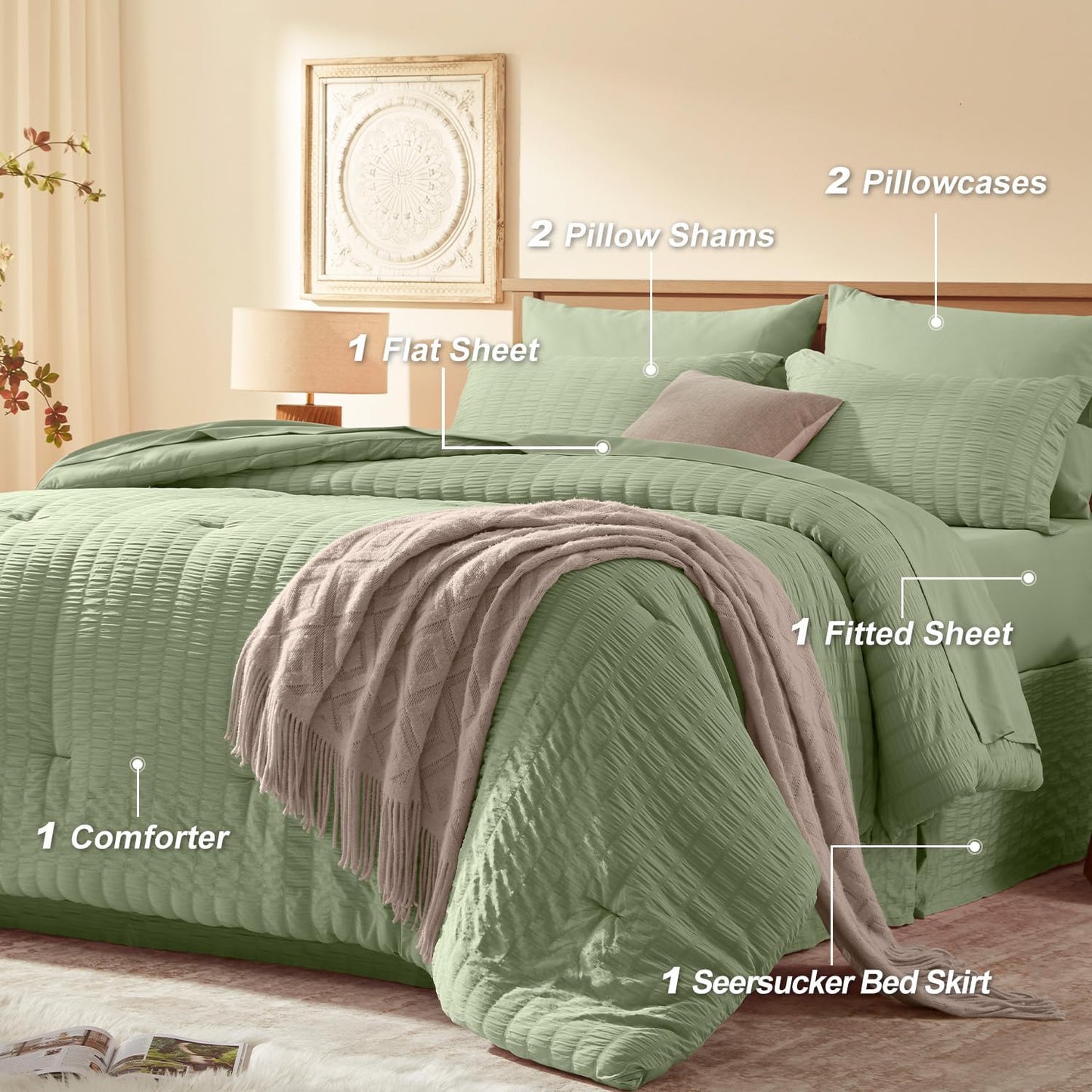 Dluxe Ave. ( QUEEN ) 8 PcsComforter Set/ Seersucker Bed in a Bag/ Sage Green