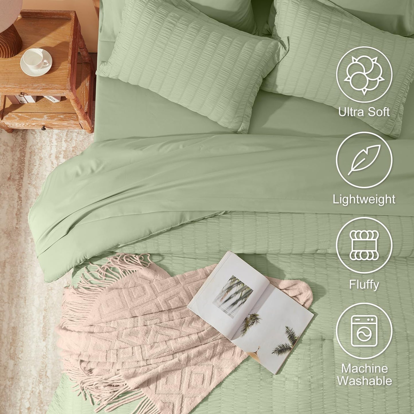 Dluxe Ave. ( QUEEN ) 8 PcsComforter Set/ Seersucker Bed in a Bag/ Sage Green