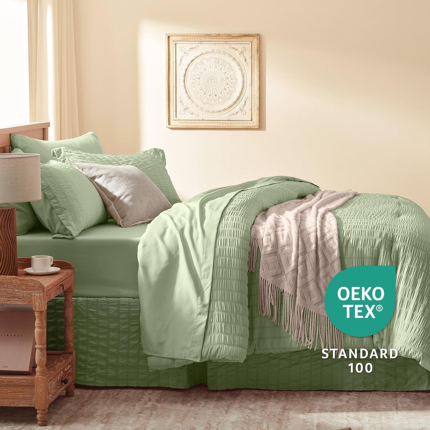 Dluxe Ave. ( QUEEN ) 8 PcsComforter Set/ Seersucker Bed in a Bag/ Sage Green