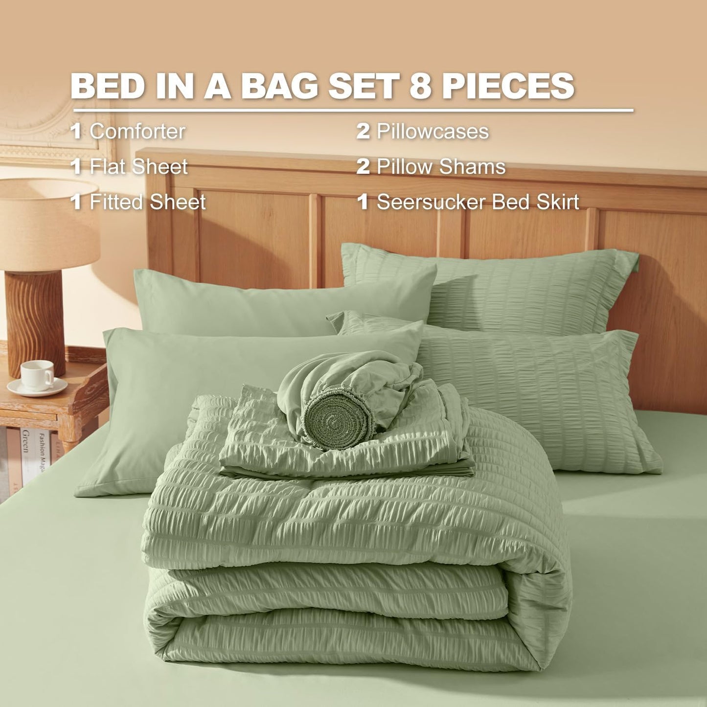 Dluxe Ave. ( QUEEN ) 8 PcsComforter Set/ Seersucker Bed in a Bag/ Sage Green