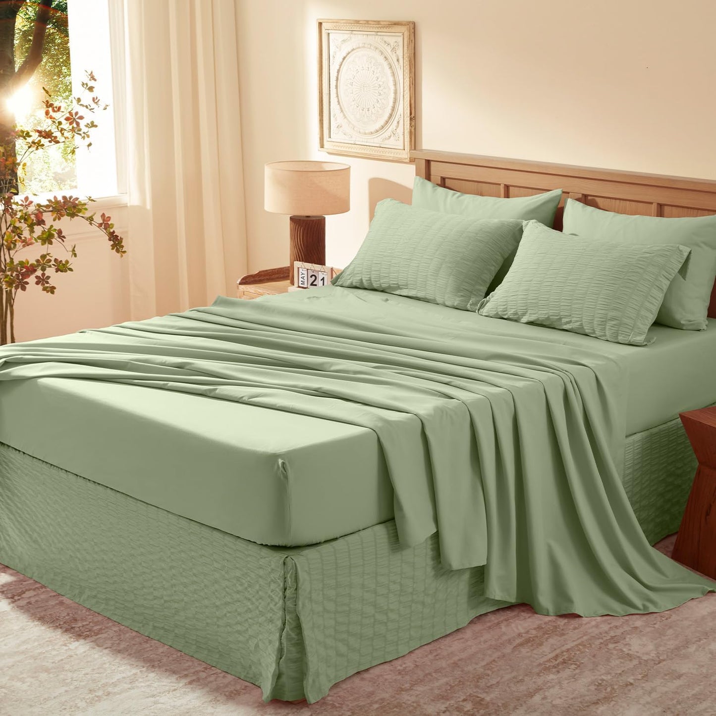 Dluxe Ave. ( QUEEN ) 8 PcsComforter Set/ Seersucker Bed in a Bag/ Sage Green