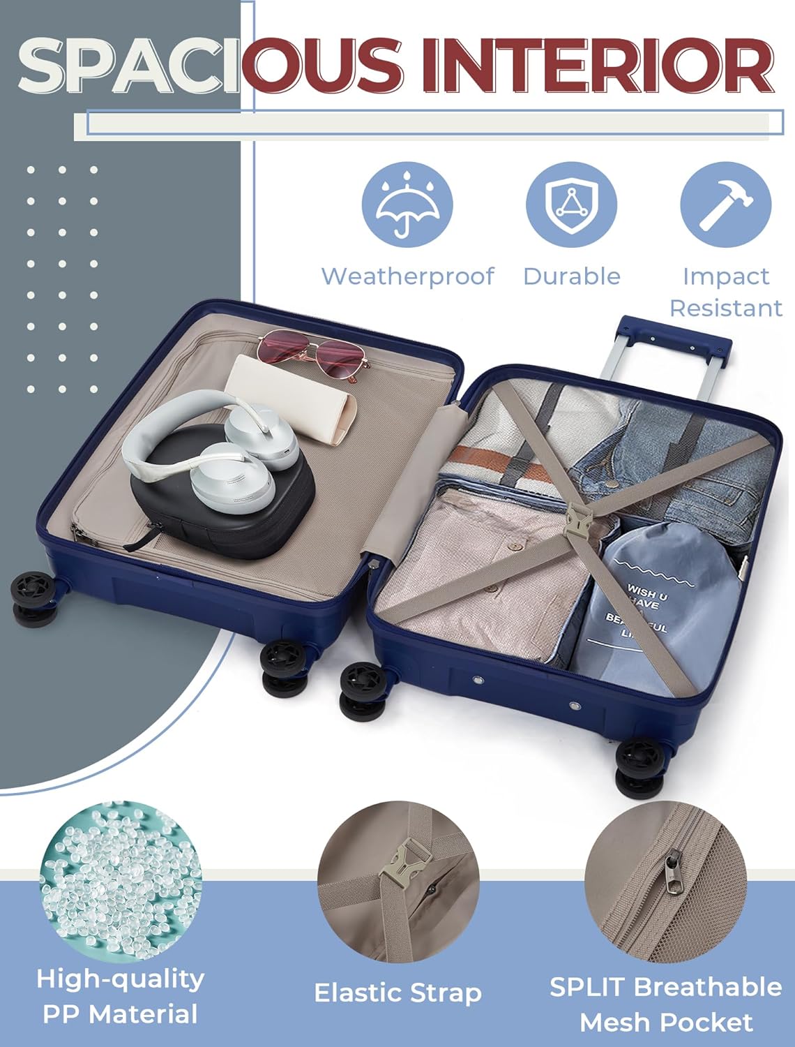 Dluxe Ave. Carry On Luggage Airline Approved/ 20-inch Soft shell/ Spinning Wheels/TSA Lock (Blue) 22x14x9