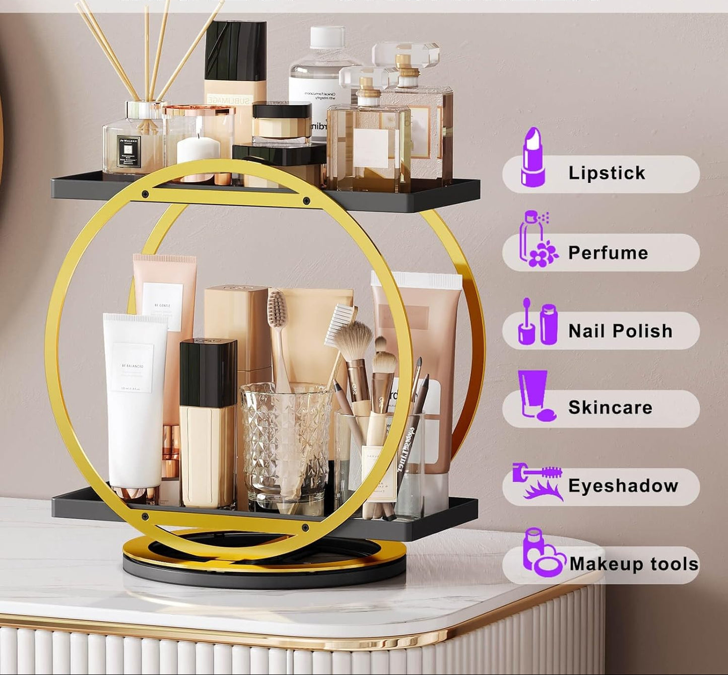 Dluxe Ave. Perfume Organizer for Dresser 360 Rotating Makeup Organizer for Vanity 2 Tier Large Capacity Bathroom Counter Organizer Cosmetic Skincare Storage Countertop Holder for Bedroom Kitchen(Black Gold)