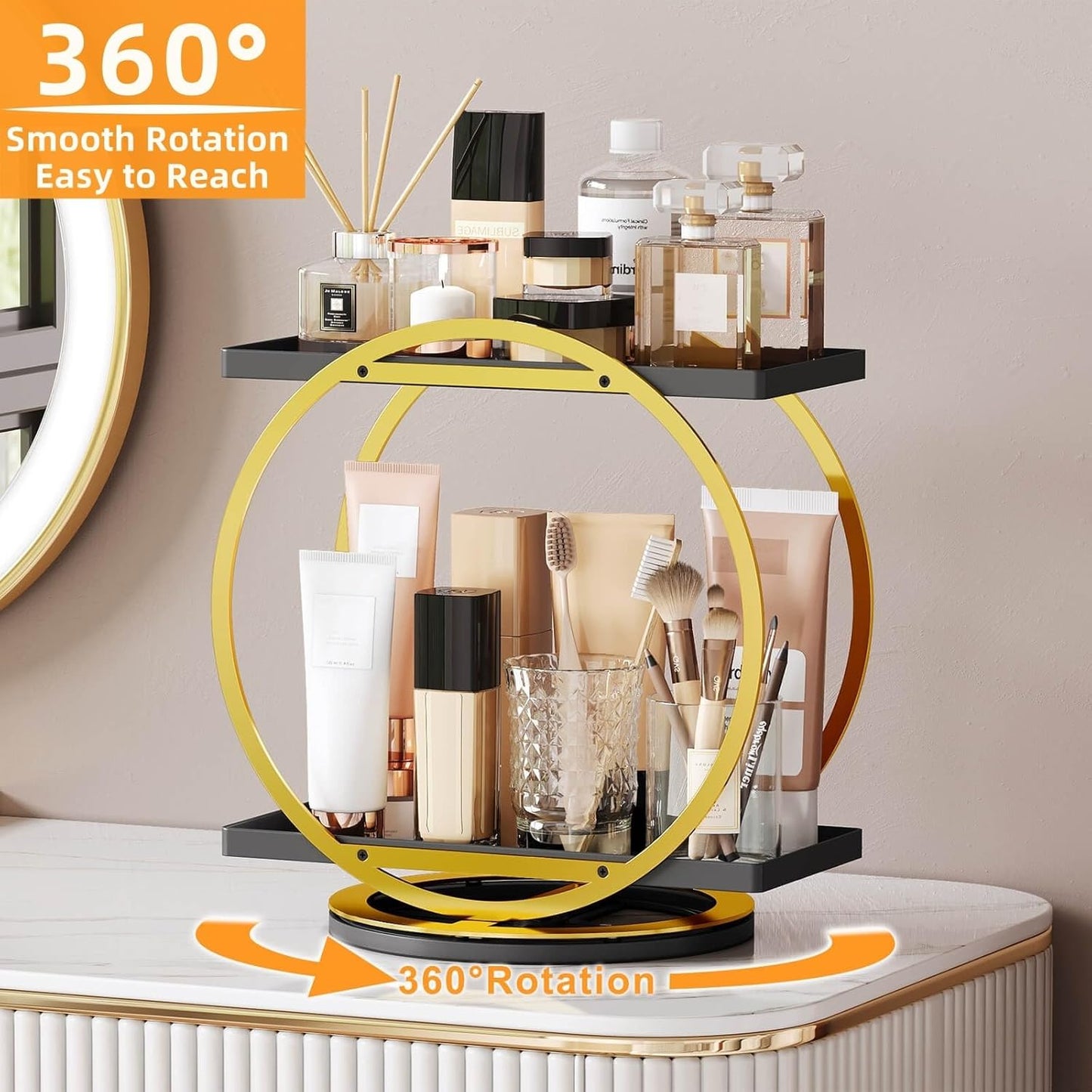 Dluxe Ave. Perfume Organizer for Dresser 360 Rotating Makeup Organizer for Vanity 2 Tier Large Capacity Bathroom Counter Organizer Cosmetic Skincare Storage Countertop Holder for Bedroom Kitchen(Black Gold)