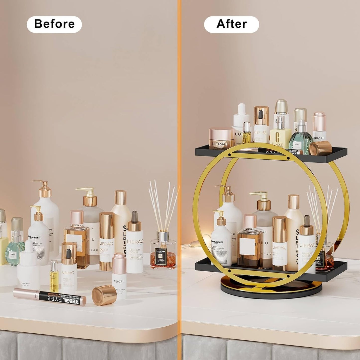 Dluxe Ave. Perfume Organizer for Dresser 360 Rotating Makeup Organizer for Vanity 2 Tier Large Capacity Bathroom Counter Organizer Cosmetic Skincare Storage Countertop Holder for Bedroom Kitchen(Black Gold)