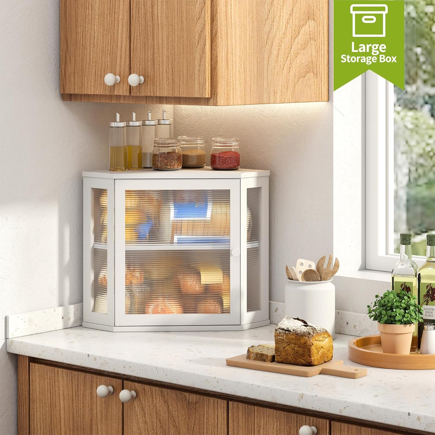 Dluxe Ave. Corner Bread Box for Kitchen Countertop/ Double Layer/ Bamboo Wood (White Medium)