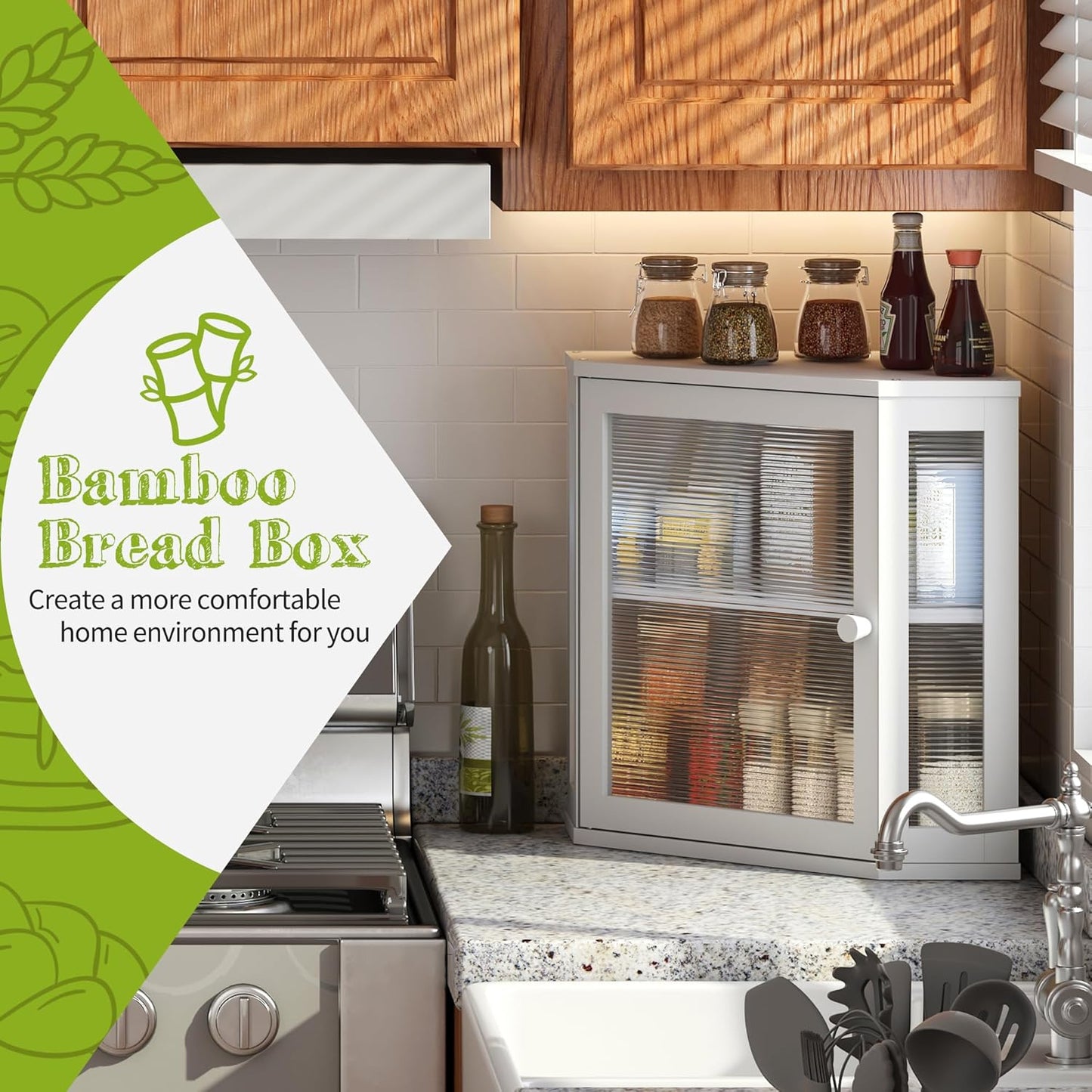 Dluxe Ave. Corner Bread Box for Kitchen Countertop/ Double Layer/ Bamboo Wood (White Medium)