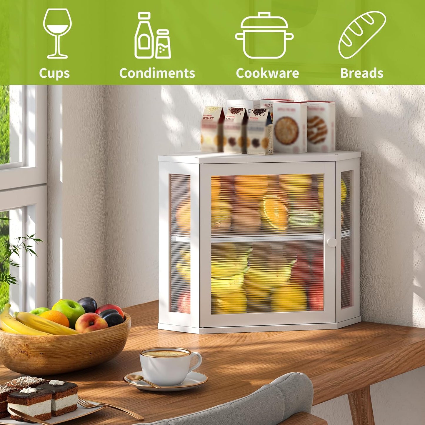 Dluxe Ave. Corner Bread Box for Kitchen Countertop/ Double Layer/ Bamboo Wood (White Medium)