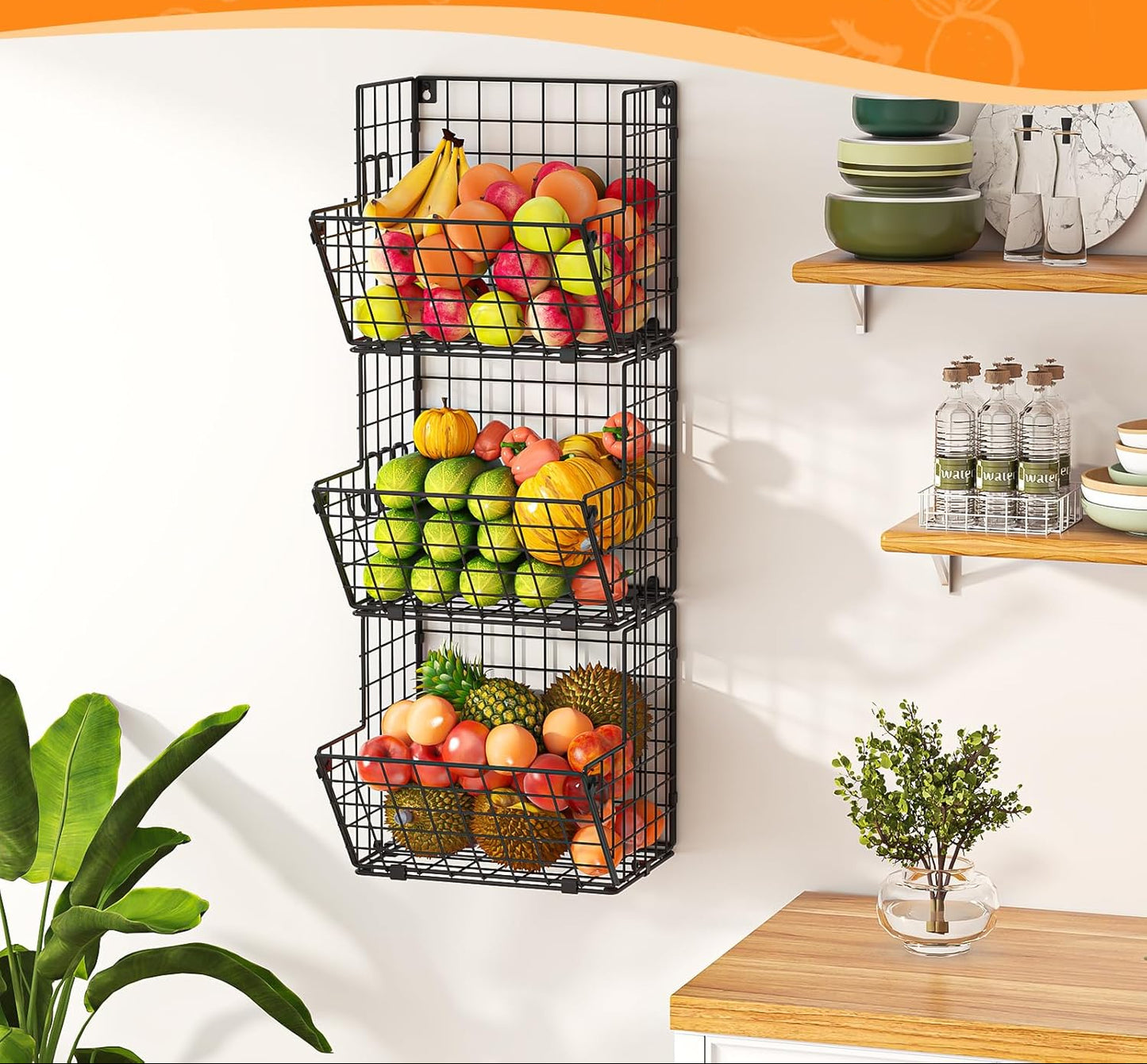 Dluxe Ave. 3 Tier Wall Storage Basket Organizer with 5 S Hooks/(S (10.83" L x 10.63" W x 30" H))