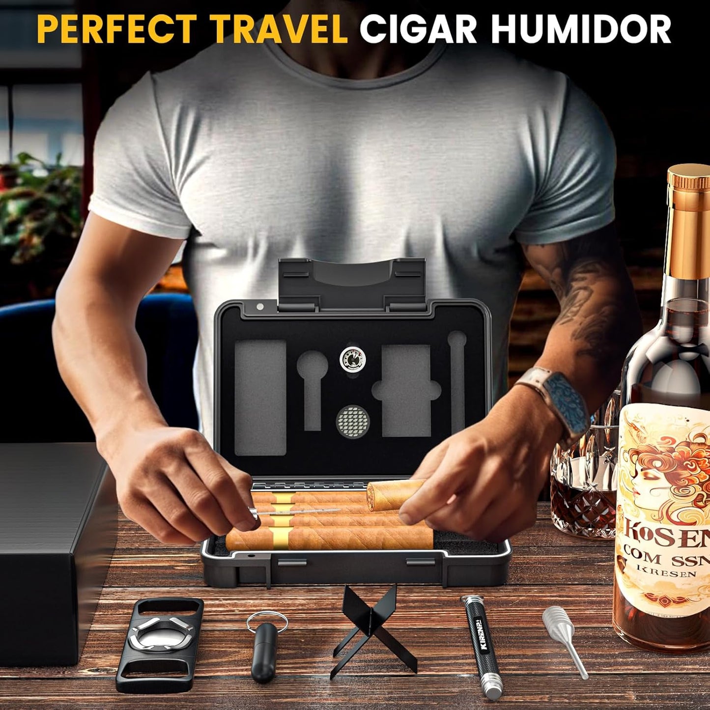 Dluxe Ave. Travel Cigar Humidor Set/ Cutter/ Cigar Punch /Hygrometer & Humidifier