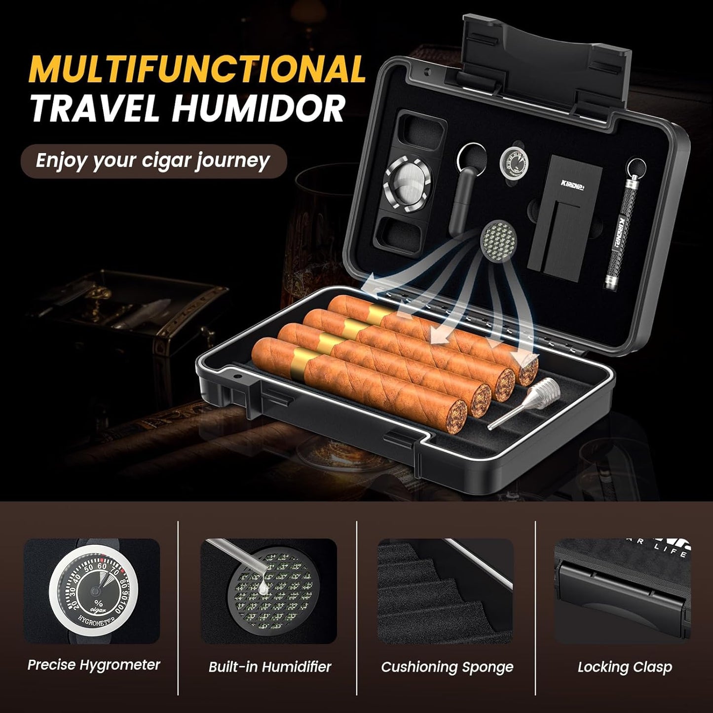 Dluxe Ave. Travel Cigar Humidor Set/ Cutter/ Cigar Punch /Hygrometer & Humidifier