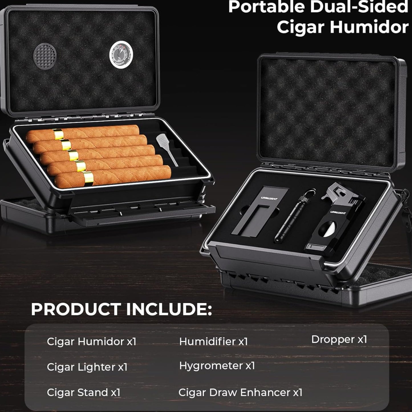 Dluxe Ave, Travel Cigar Humidor Case Set/ Double-sided Design with Cigar Lighter