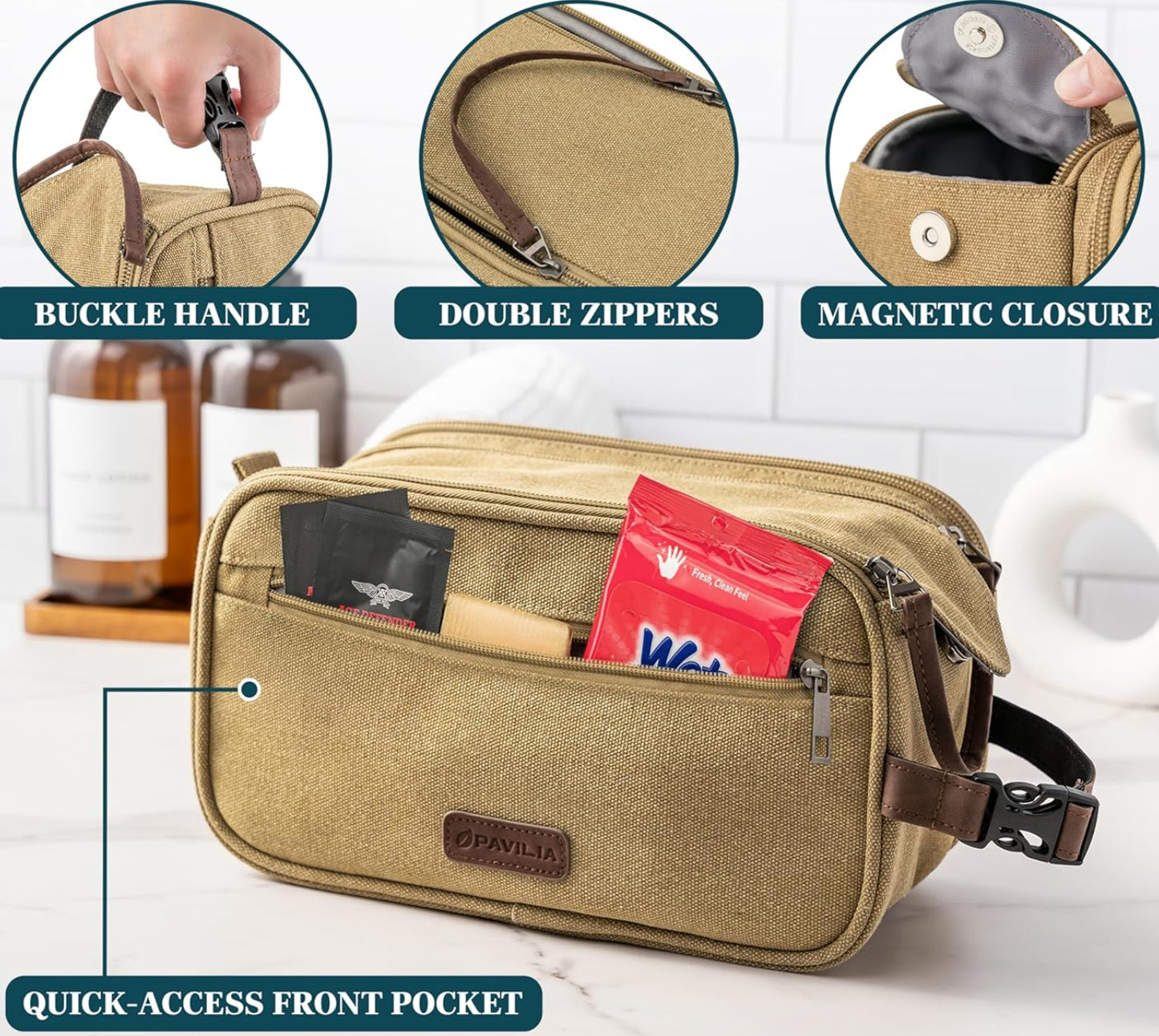 Dluxe Ave. Men Canvas Travel Dopp Kit/ Water Resistant/ Accessories Bag/ Tan Khaki
